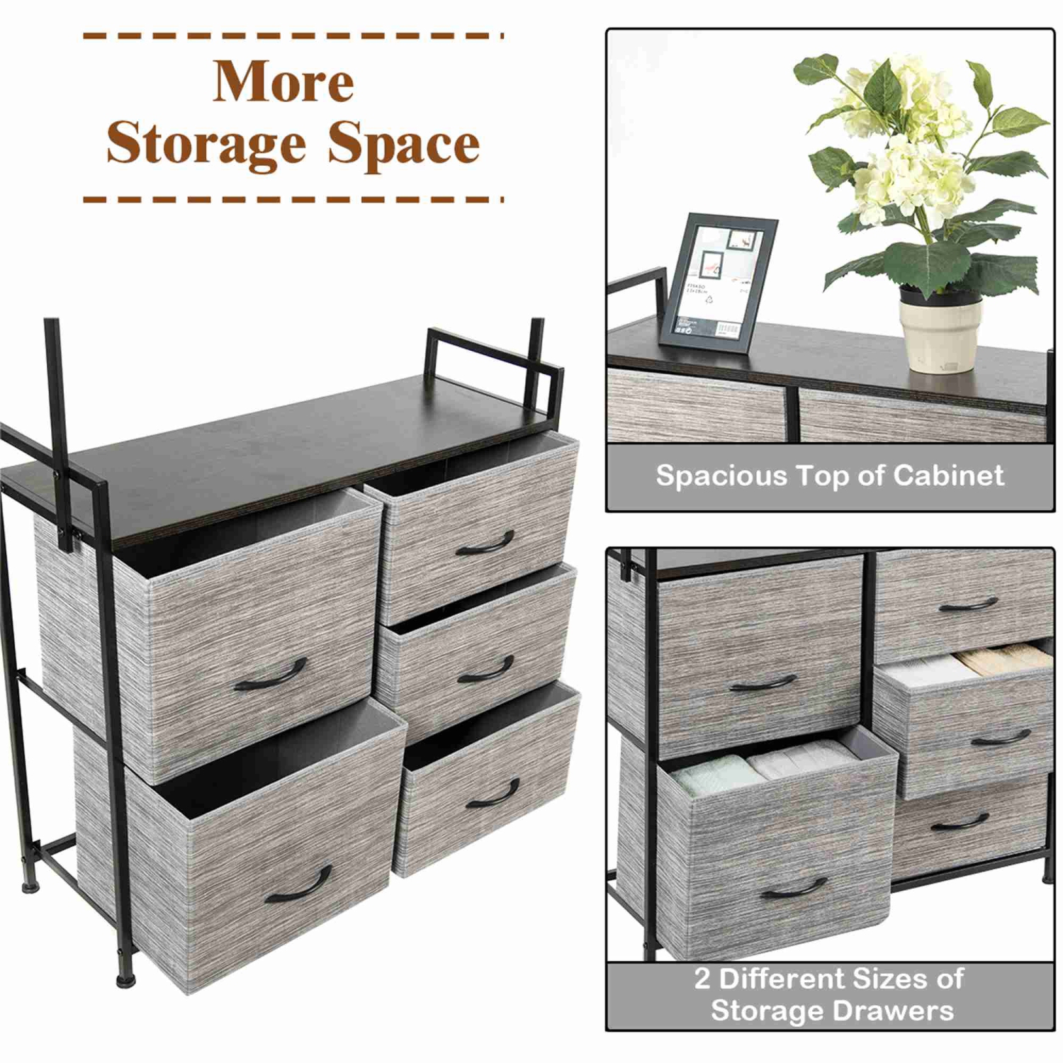 Costway 5 Drawer Fabric Dresser Hanger Metal Frame Wooden Top Storage Closet Organizer