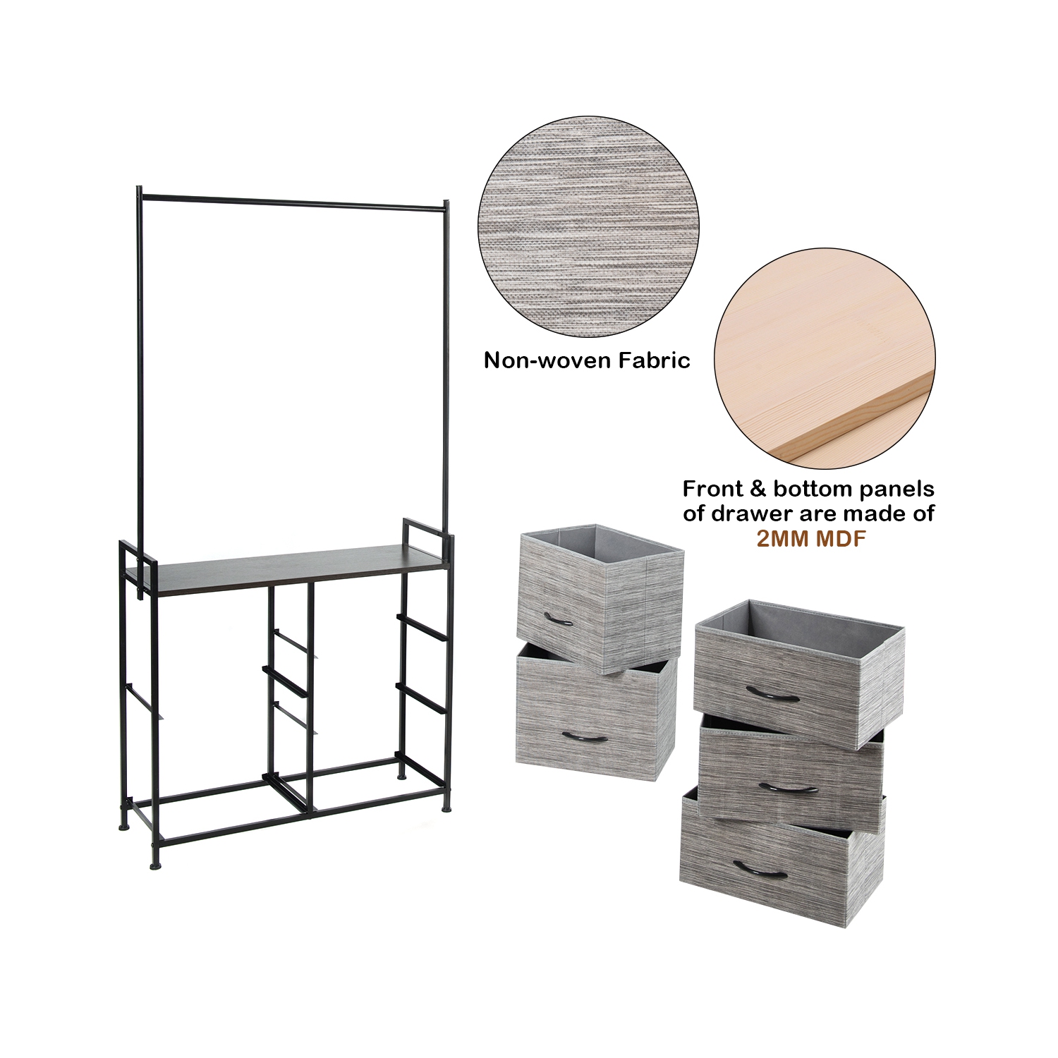 Costway 5 Drawer Fabric Dresser Hanger Metal Frame Wooden Top Storage Closet Organizer