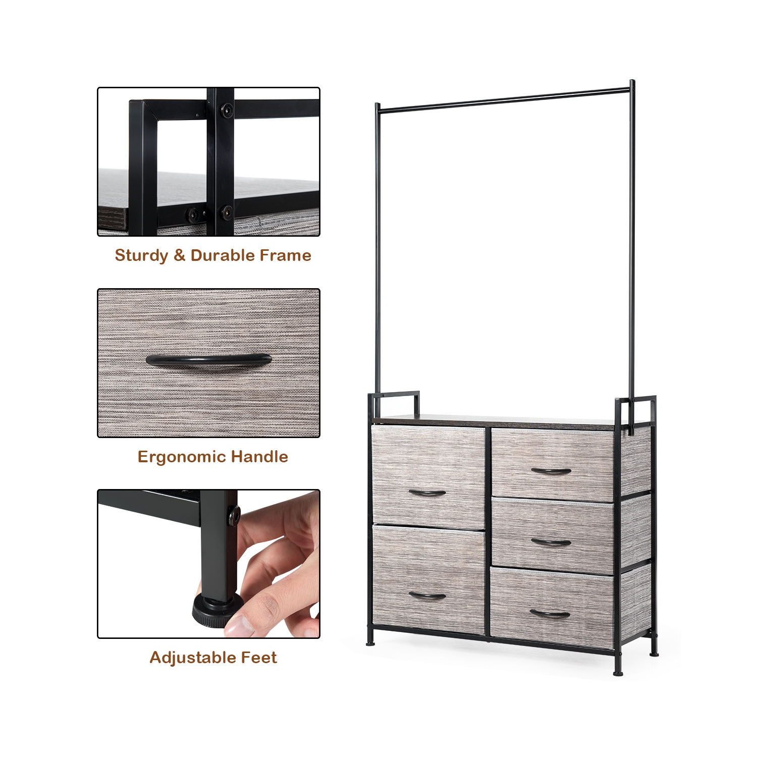 Costway 5 Drawer Fabric Dresser Hanger Metal Frame Wooden Top Storage Closet Organizer