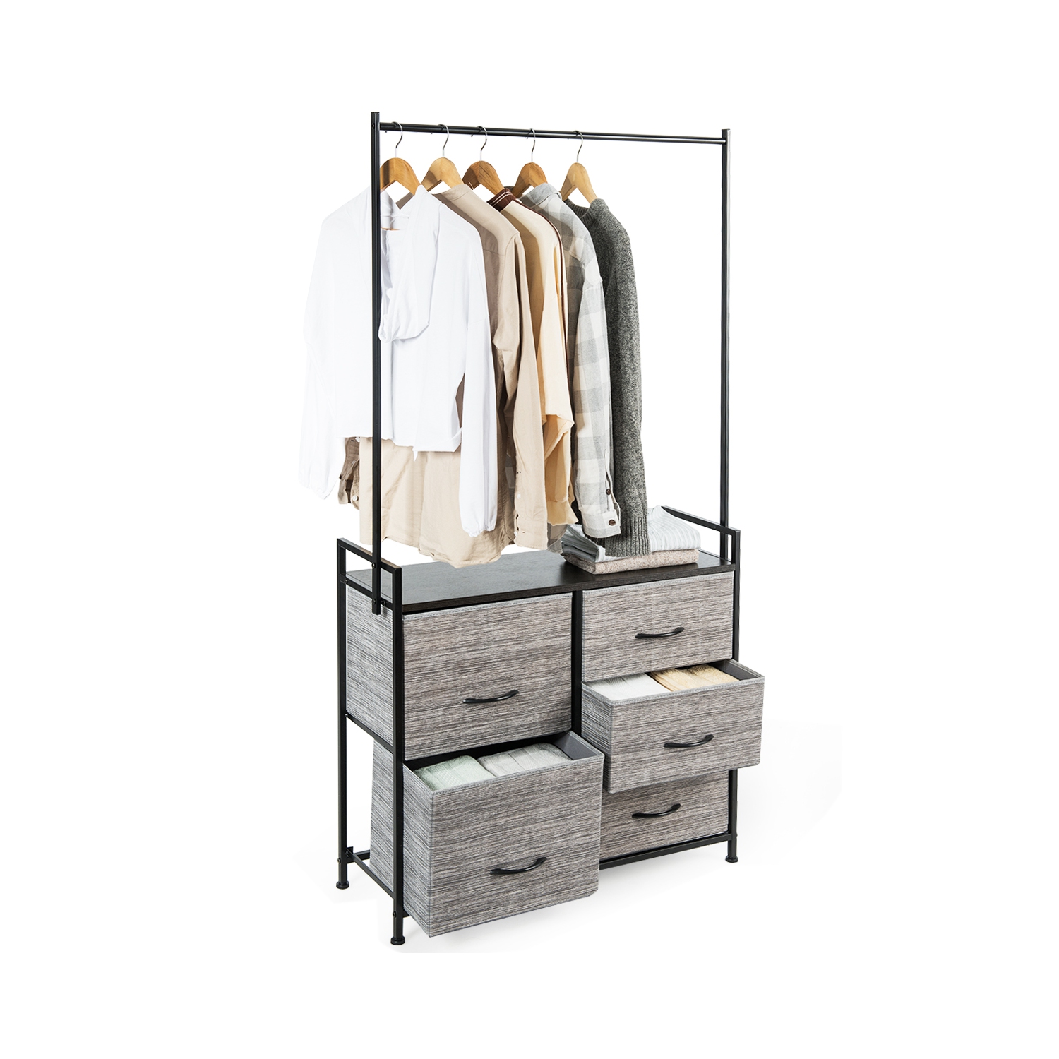 Costway 5 Drawer Fabric Dresser Hanger Metal Frame Wooden Top Storage Closet Organizer