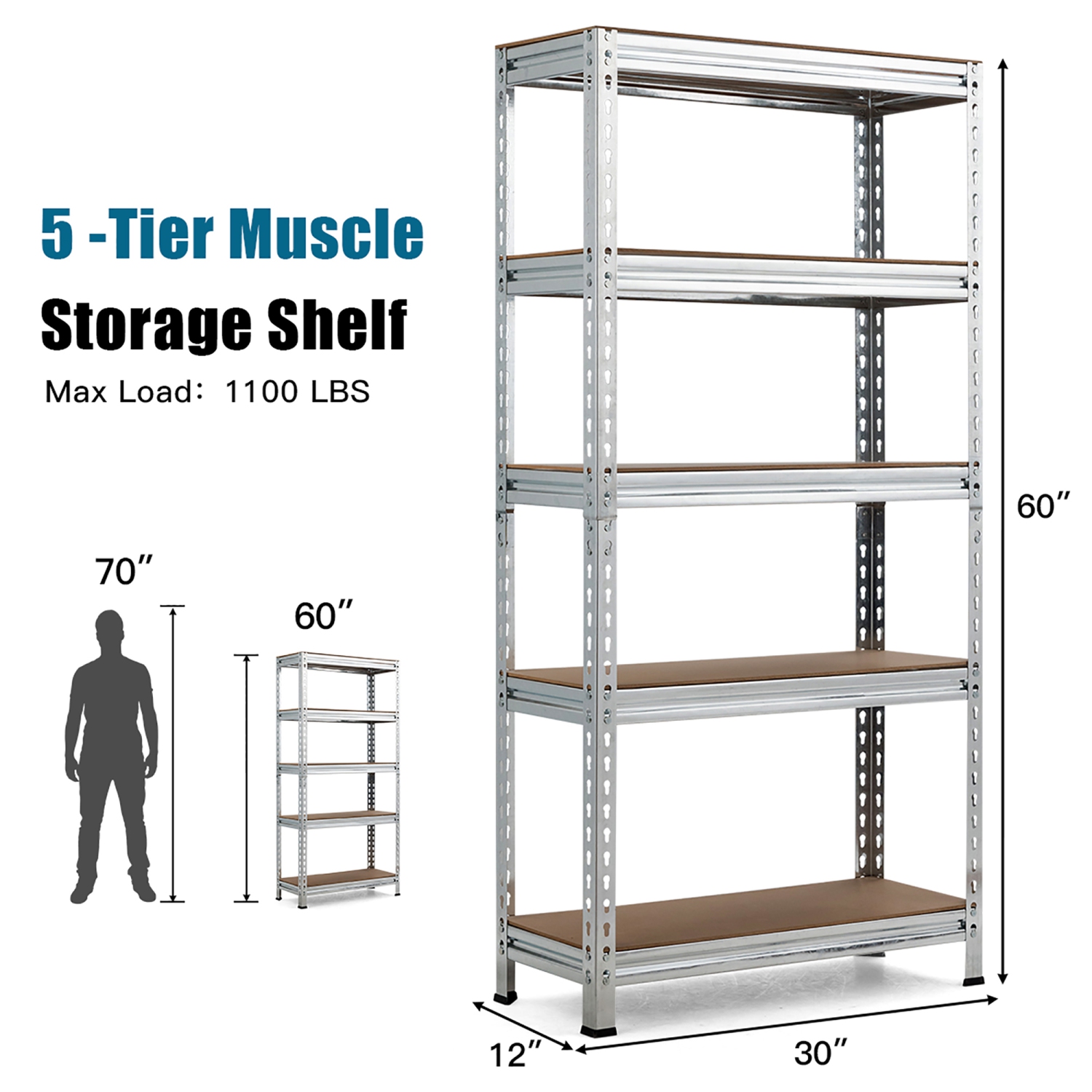 Costway 5-Tier Metal Storage Shelves 60'' Garage Rack W/Adjustable Shelves