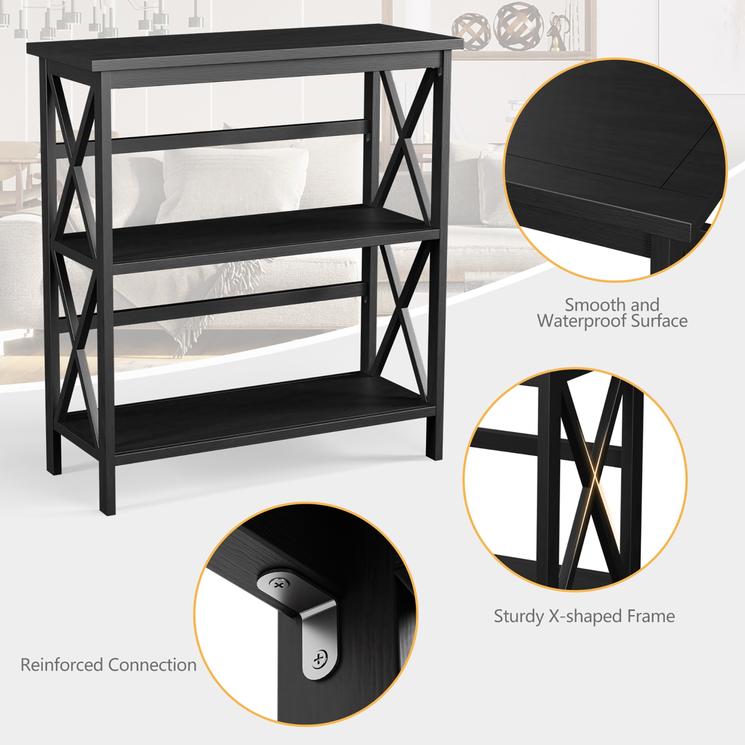 Costway Wooden Shelf Bookcase 3-Tier Open Bookshelf W/X-Design Freestanding Rack