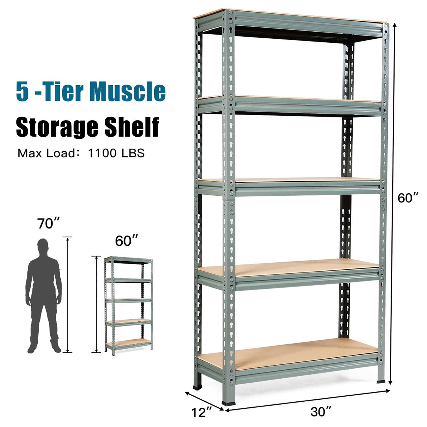 Costway 5-Tier Metal Storage Shelves 60'' Garage Rack W/Adjustable Shelves