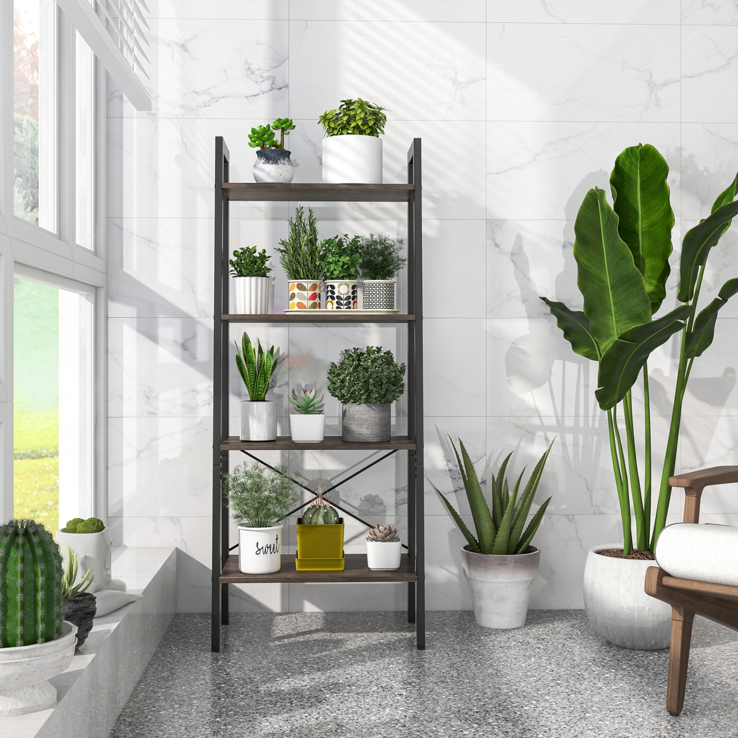 Costway 4-Tier Wood Ladder Shelf Ladder Bookcase Bookshelf Display Rack