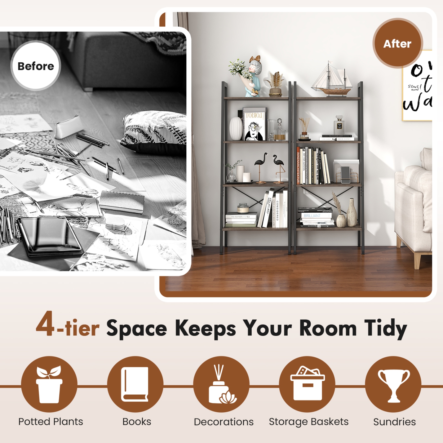 Costway 4-Tier Wood Ladder Shelf Ladder Bookcase Bookshelf Display Rack