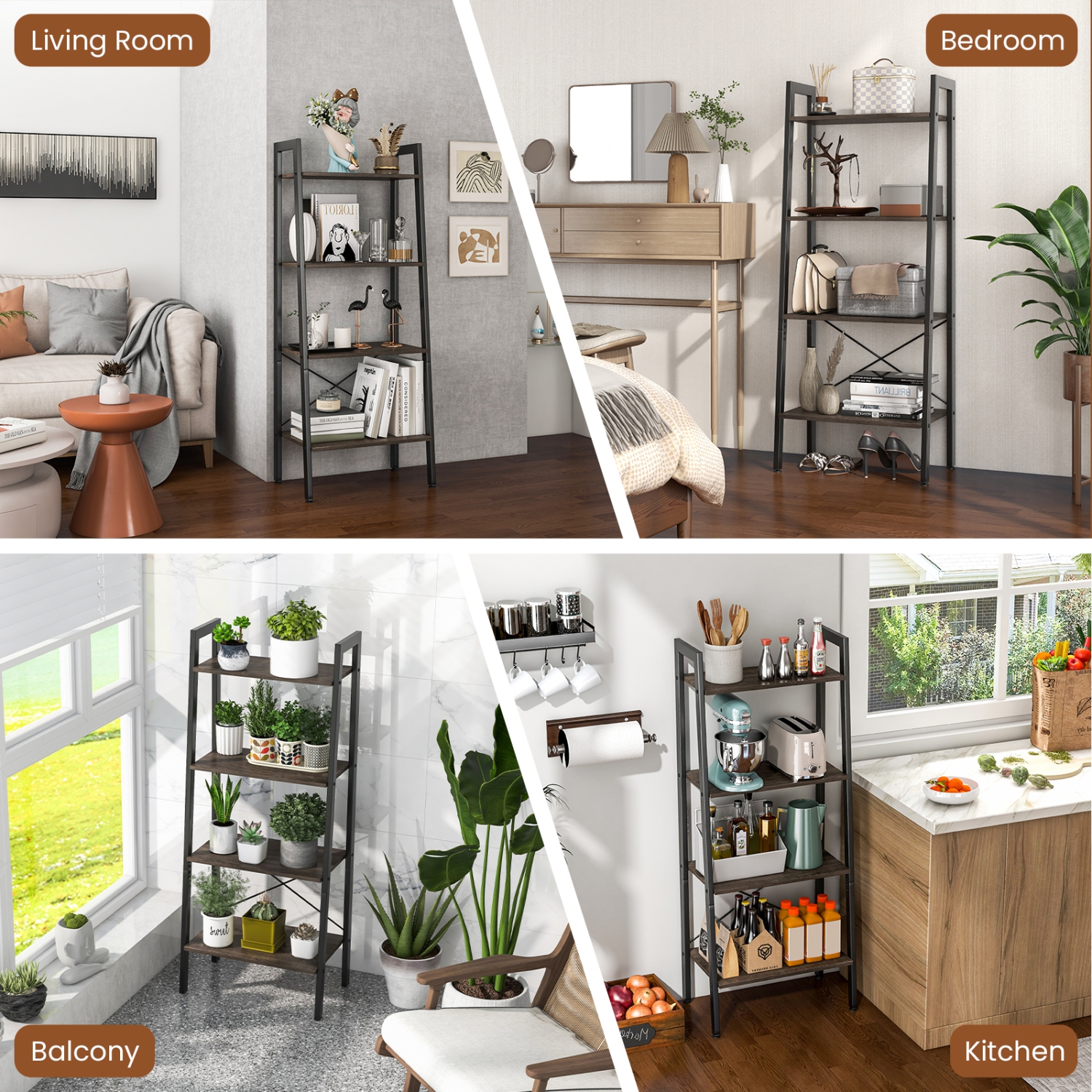 Costway 4-Tier Wood Ladder Shelf Ladder Bookcase Bookshelf Display Rack