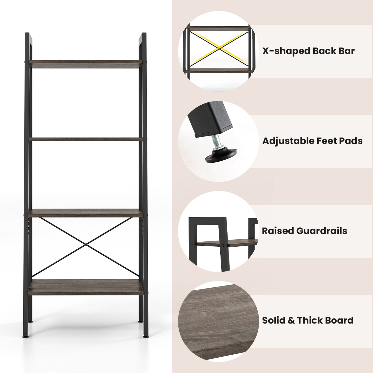 Costway 4-Tier Wood Ladder Shelf Ladder Bookcase Bookshelf Display Rack