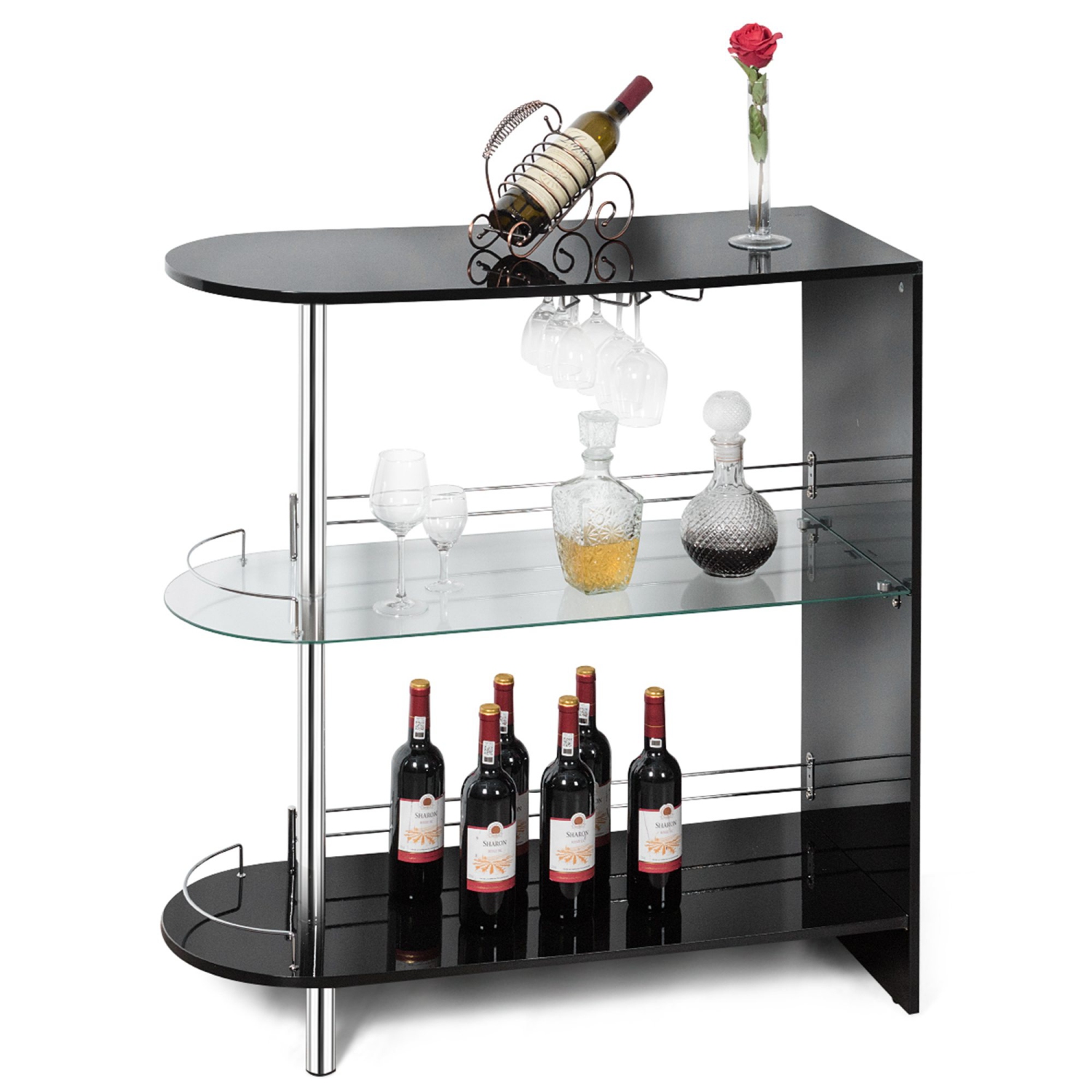Costway Bar Table Wine Storage Unit w/Tempered Glass Shelf & Glass Holders Glossy Black