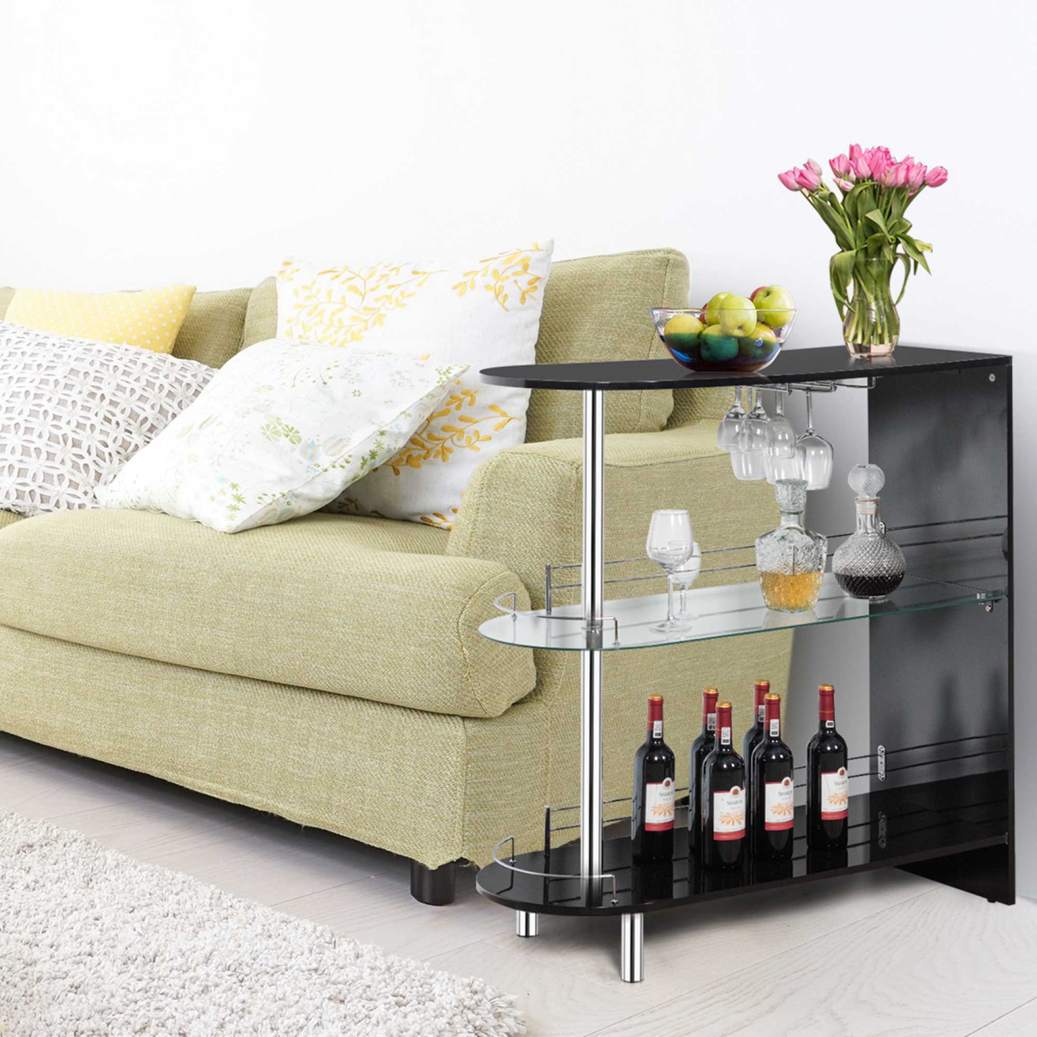 Costway Bar Table Wine Storage Unit w/Tempered Glass Shelf & Glass Holders Glossy Black