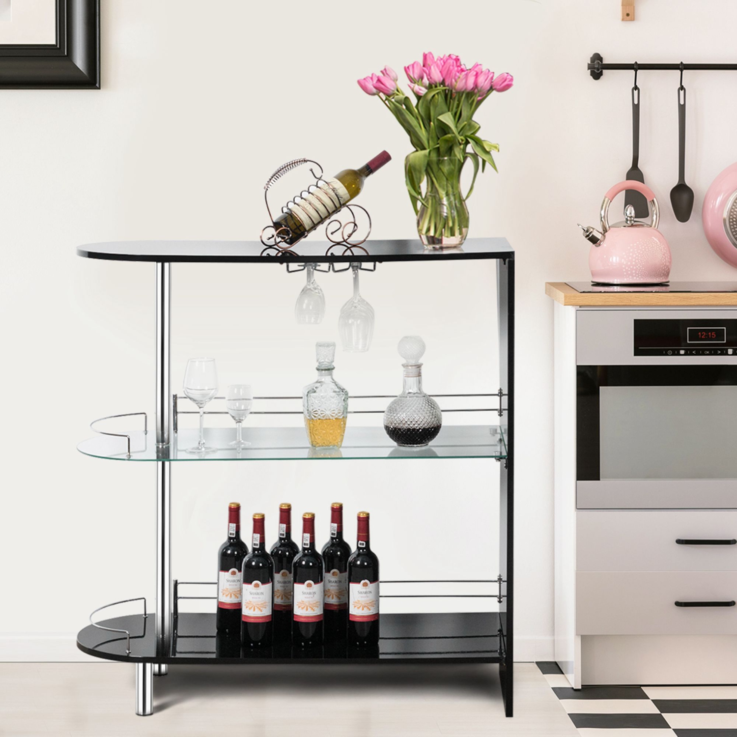 Costway Bar Table Wine Storage Unit w/Tempered Glass Shelf & Glass Holders Glossy Black