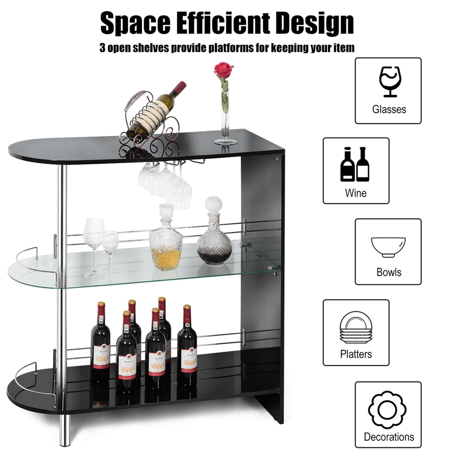 Costway Bar Table Wine Storage Unit w/Tempered Glass Shelf & Glass Holders Glossy Black