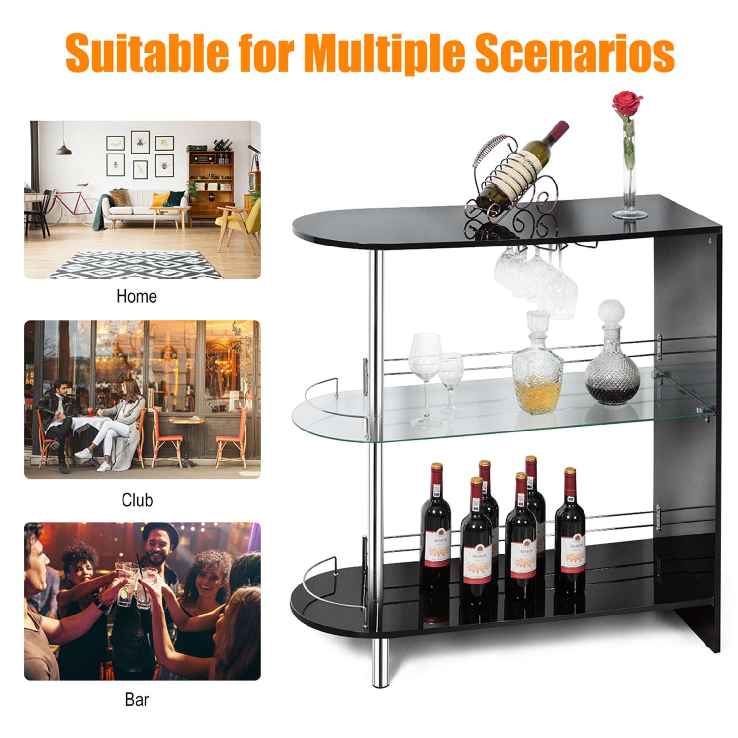 Costway Bar Table Wine Storage Unit w/Tempered Glass Shelf & Glass Holders Glossy Black