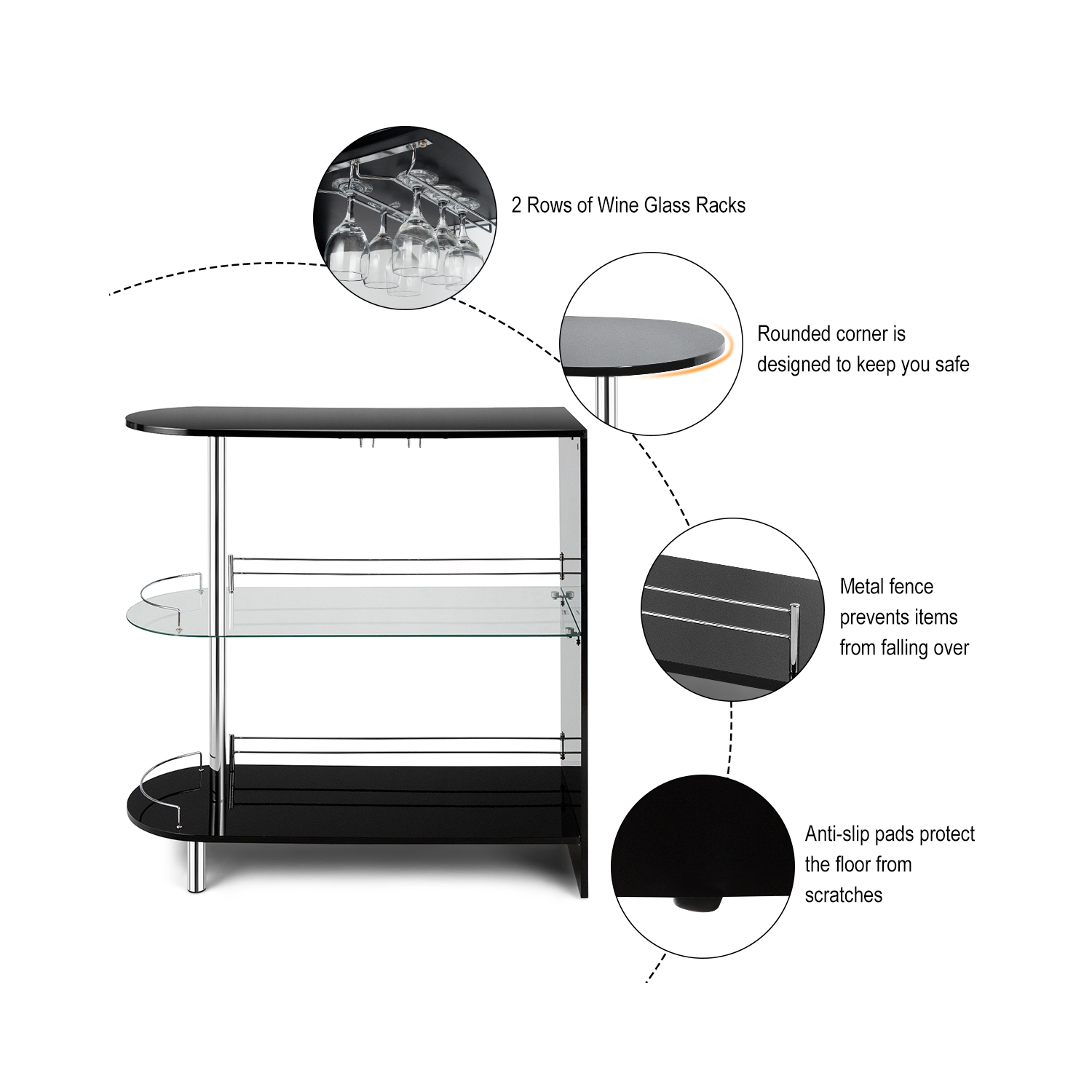 Costway Bar Table Wine Storage Unit w/Tempered Glass Shelf & Glass Holders Glossy Black