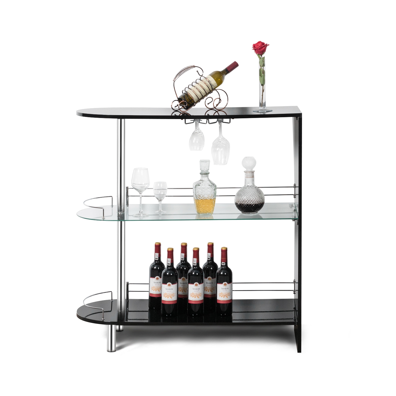 Costway Bar Table Wine Storage Unit w/Tempered Glass Shelf & Glass Holders Glossy Black