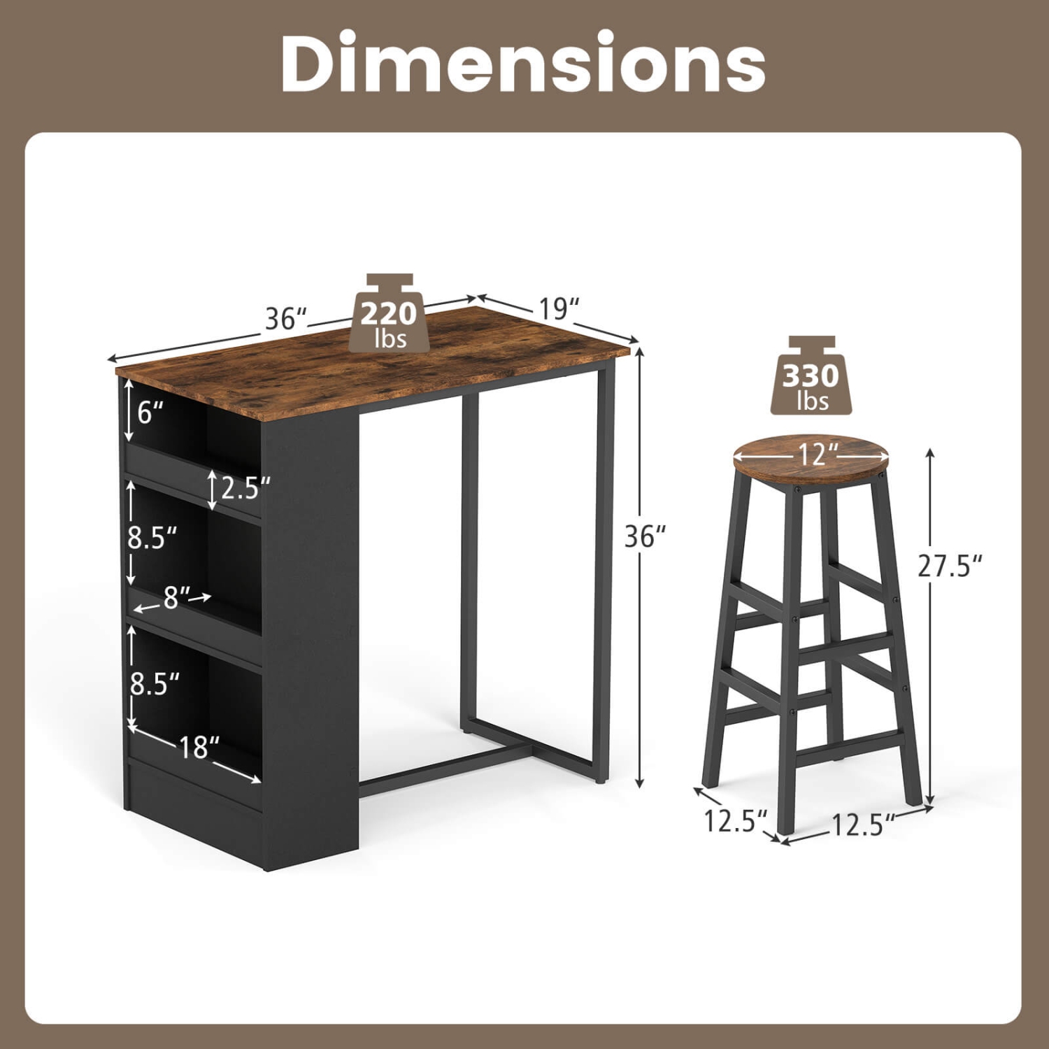 Costway 3 Pieces Bar Table Set Industrial Counter Height Dining Table Set with Storage