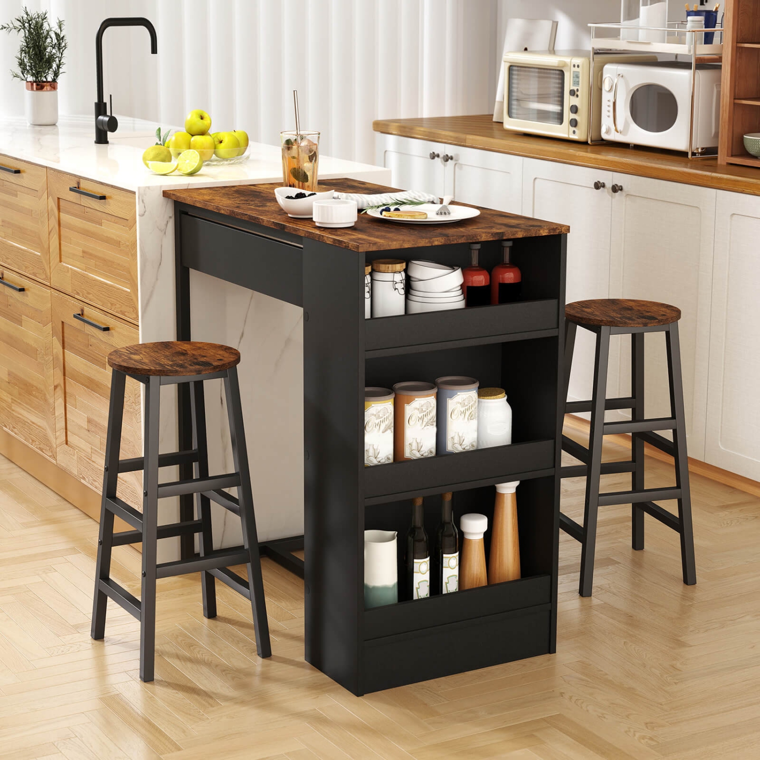 Costway 3 Pieces Bar Table Set Industrial Counter Height Dining Table Set with Storage