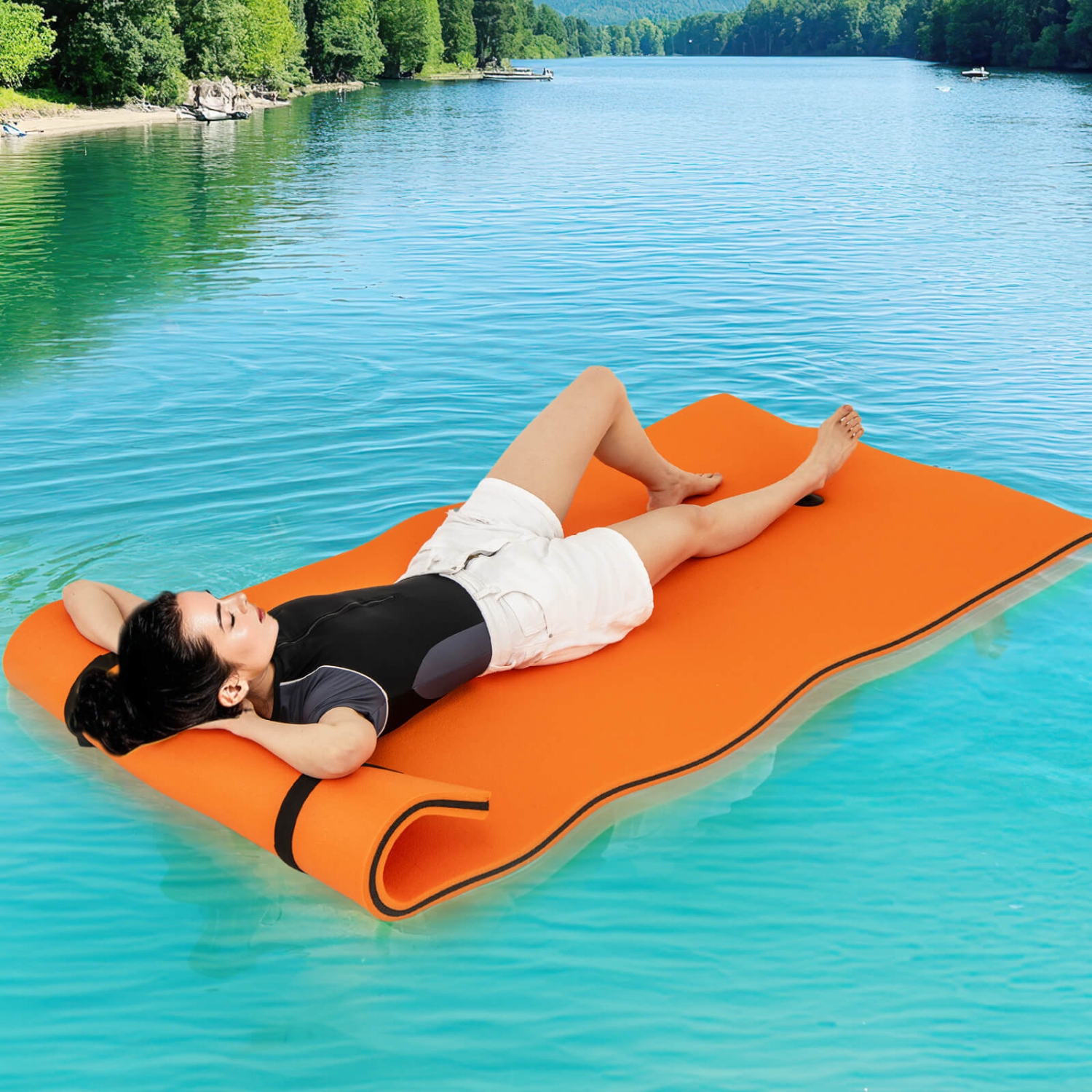 Tapis d’eau à l’épreuve des larmes à 3 couches Floating Pad Island Sports nautiques Relaxant Orange / Jaune