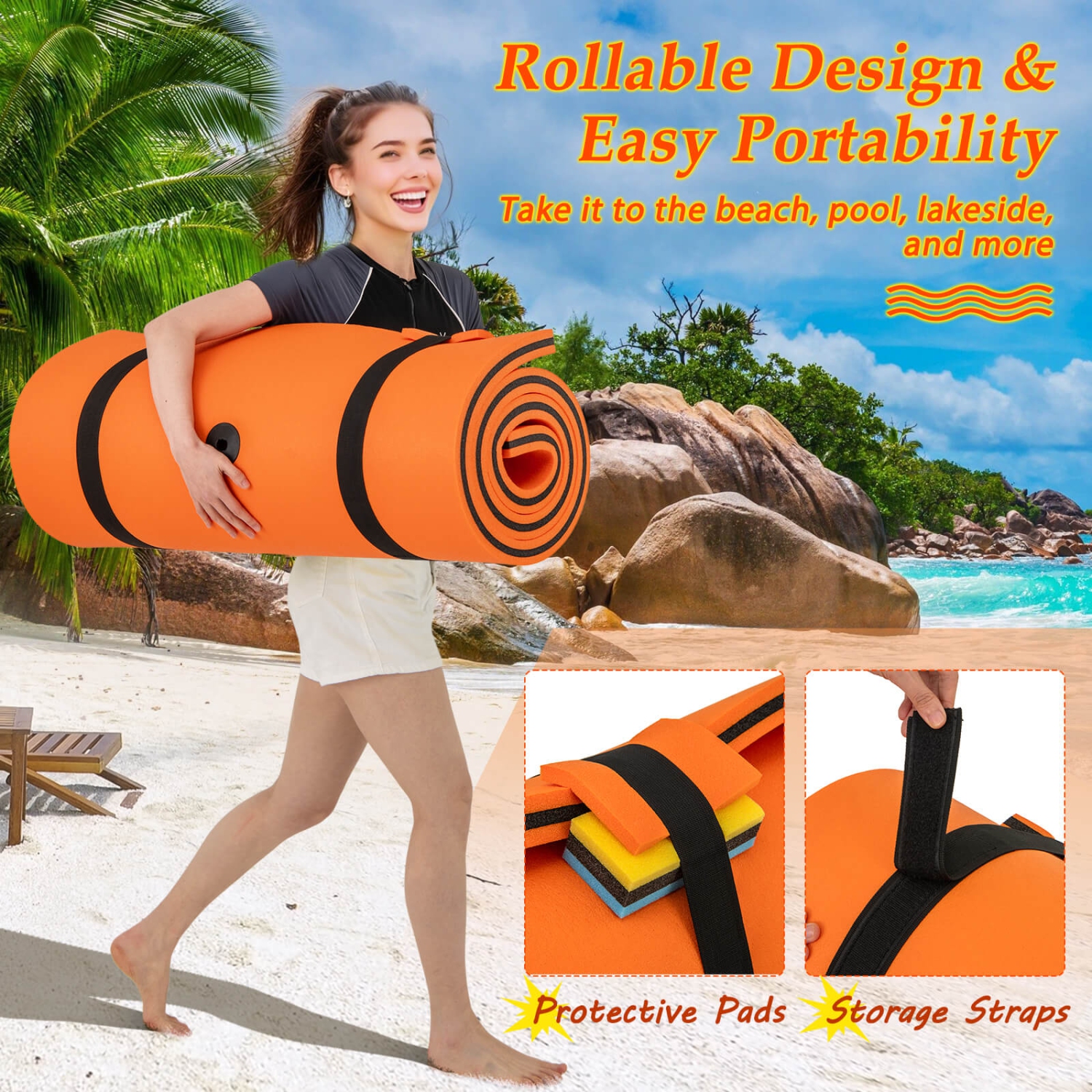Tapis d’eau à l’épreuve des larmes à 3 couches Floating Pad Island Sports nautiques Relaxant Orange / Jaune