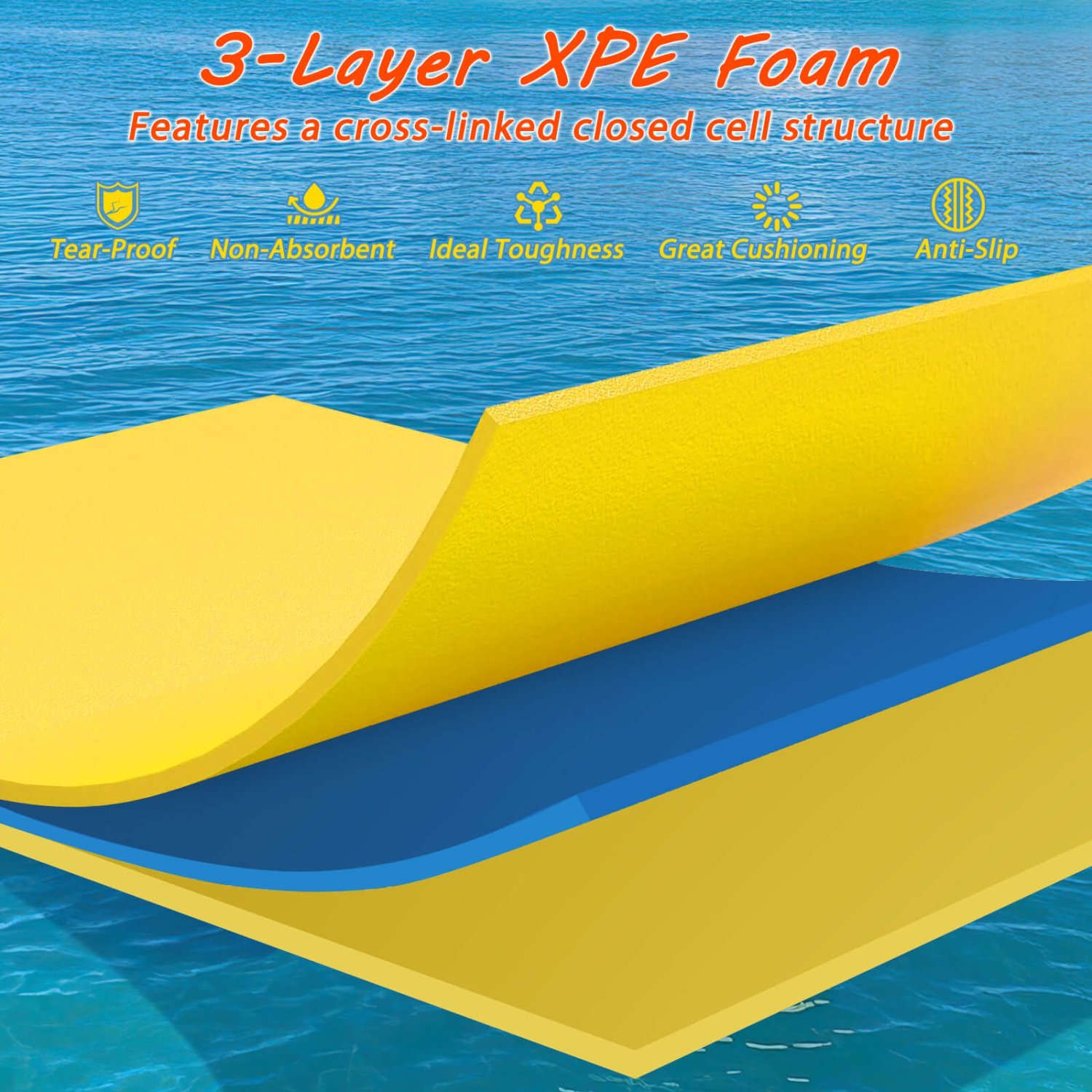 Tapis d’eau à l’épreuve des larmes à 3 couches Floating Pad Island Sports nautiques Relaxant Orange / Jaune