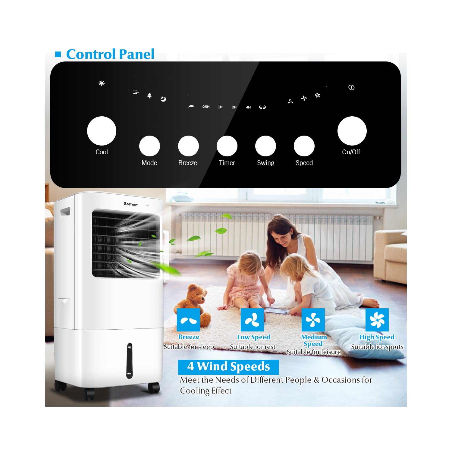 Ventilateur/humidificateur portatif par évaporation avec télécommande et minuterie 7.5 de Costway