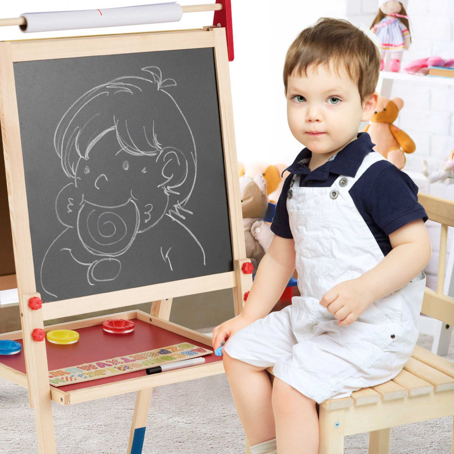Costway All-in-One Wooden Kid's Art Easel Height Adjustable Paper Roll