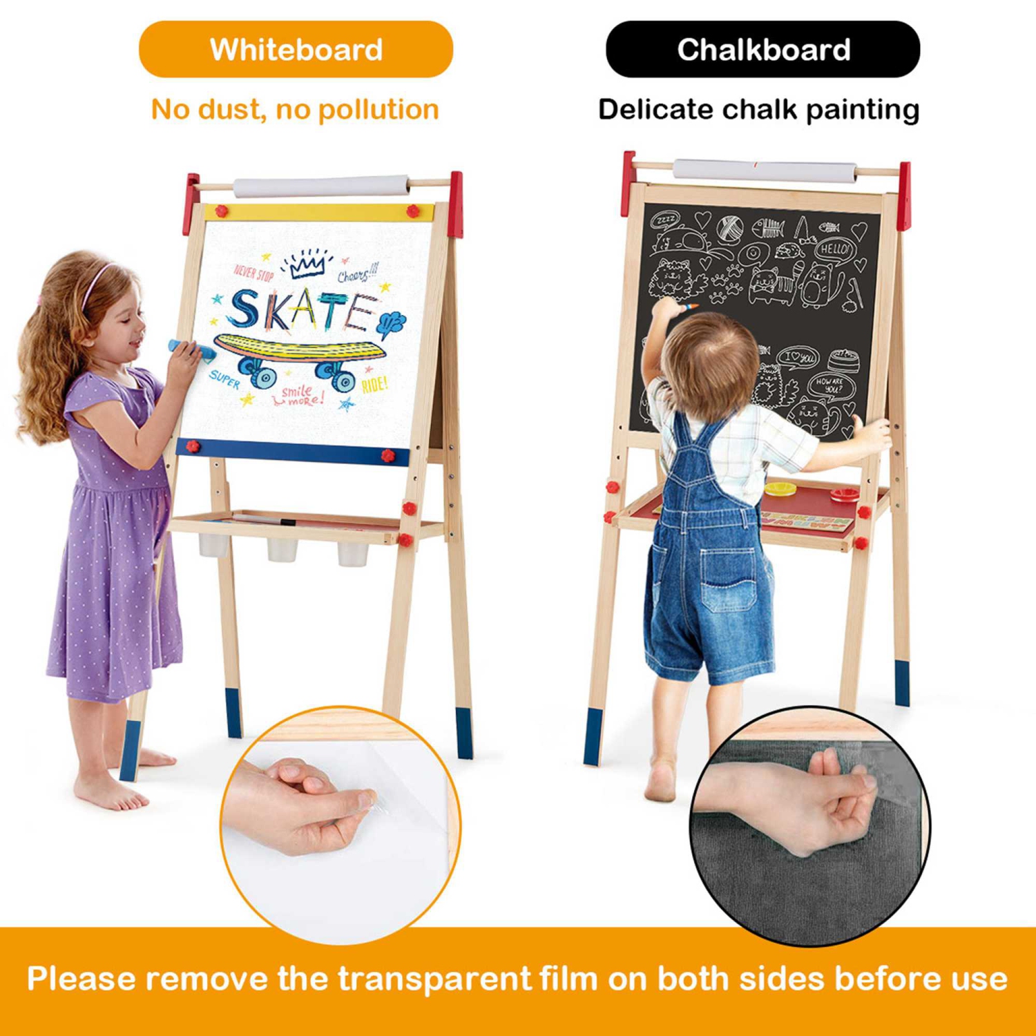 Costway All-in-One Wooden Kid's Art Easel Height Adjustable Paper Roll