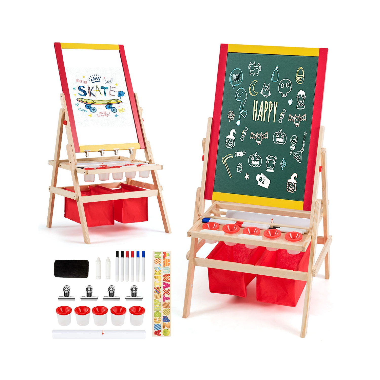 Costway Flip-Over Double-Sided Kids Art Easel Paper Roll Storage Bins