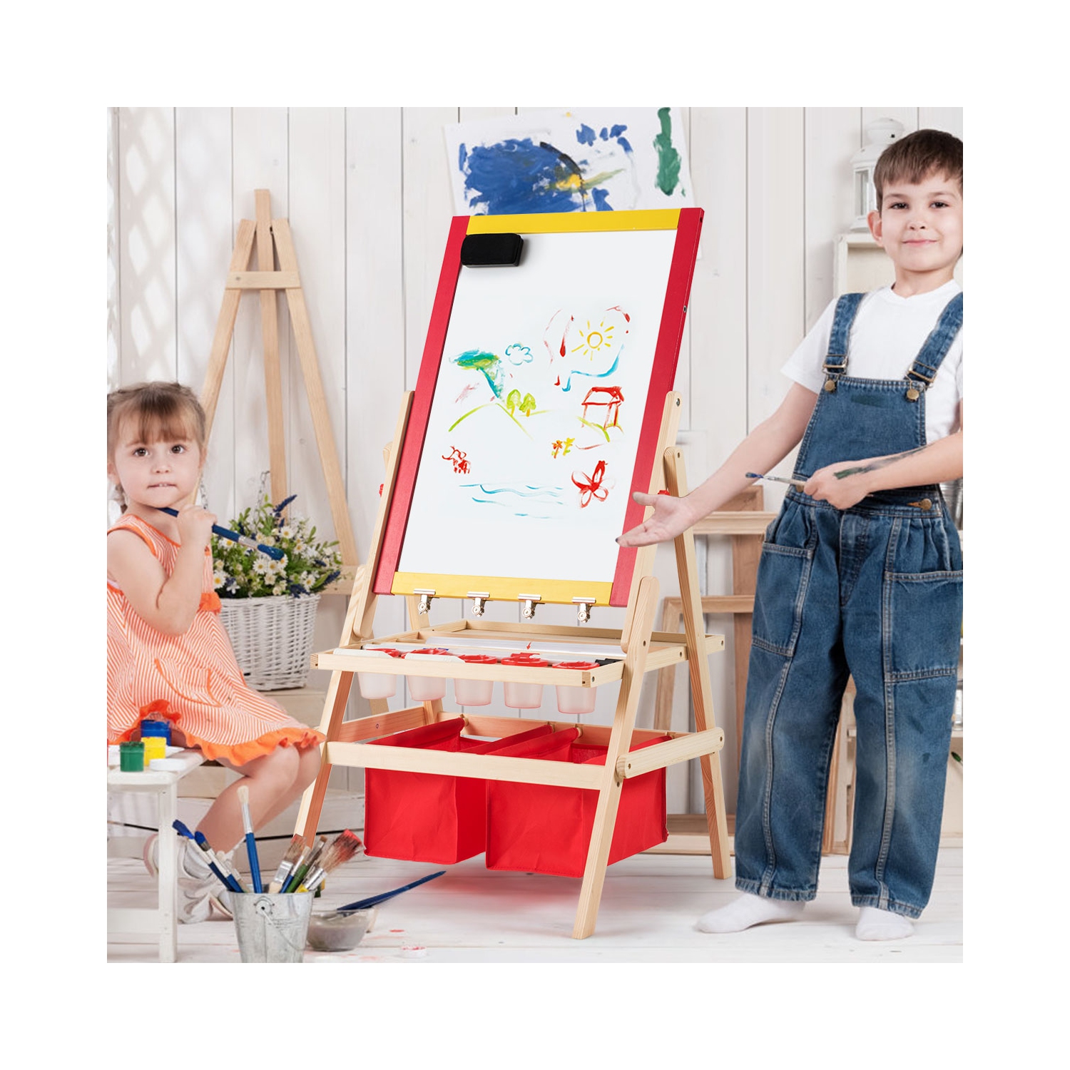 Costway Flip-Over Double-Sided Kids Art Easel Paper Roll Storage Bins