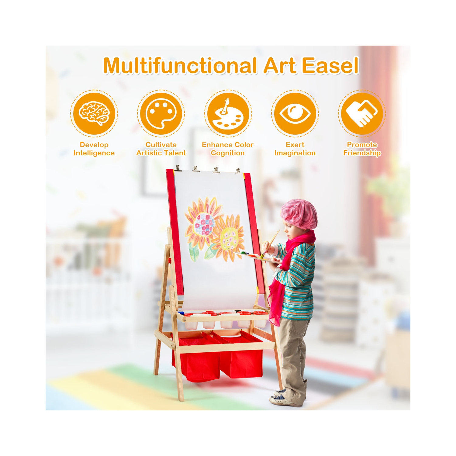 Costway Flip-Over Double-Sided Kids Art Easel Paper Roll Storage Bins