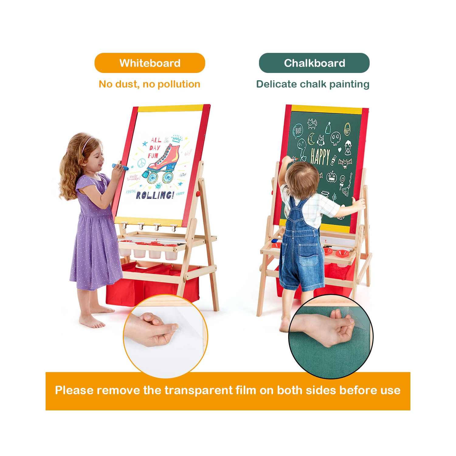 Costway Flip-Over Double-Sided Kids Art Easel Paper Roll Storage Bins