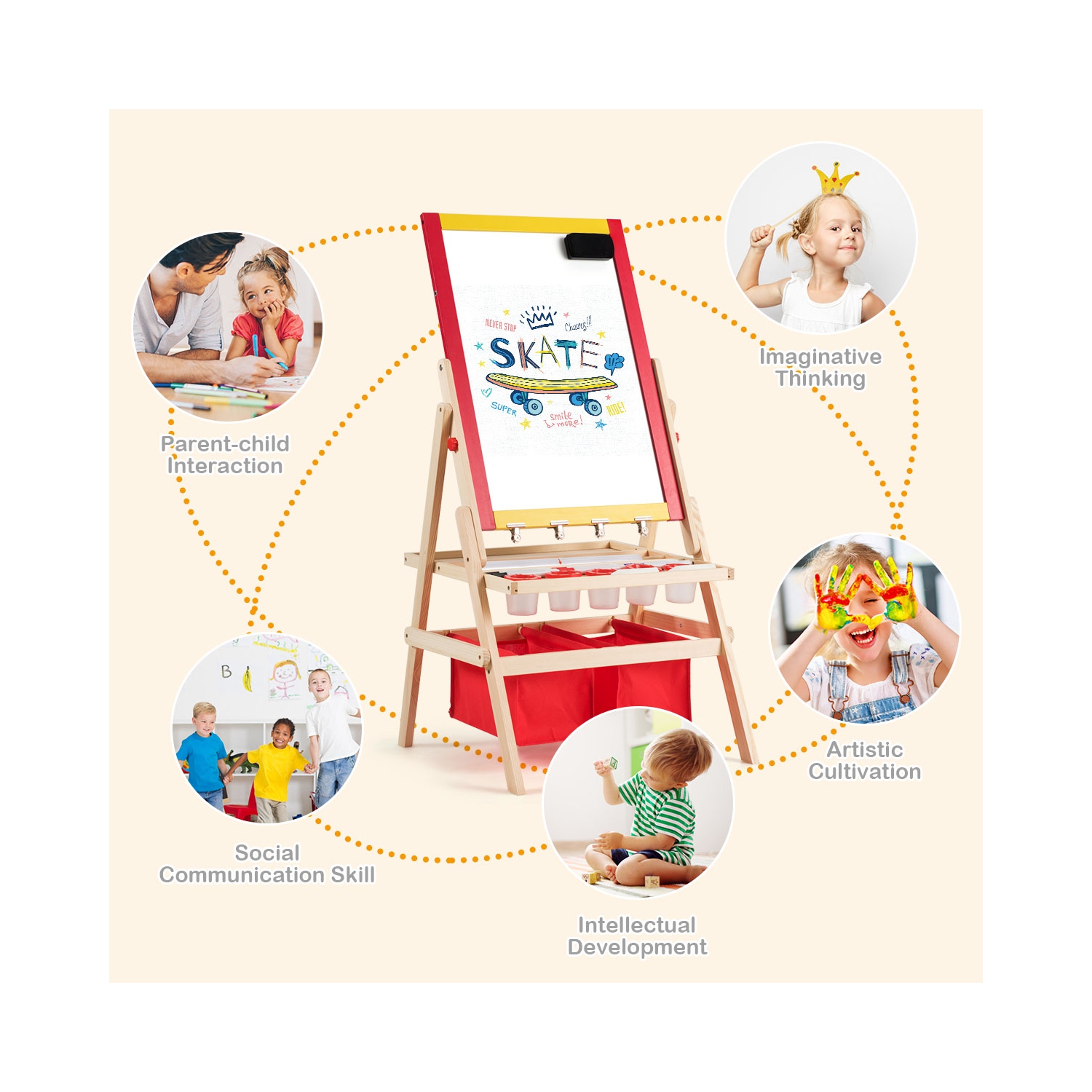 Costway Flip-Over Double-Sided Kids Art Easel Paper Roll Storage Bins