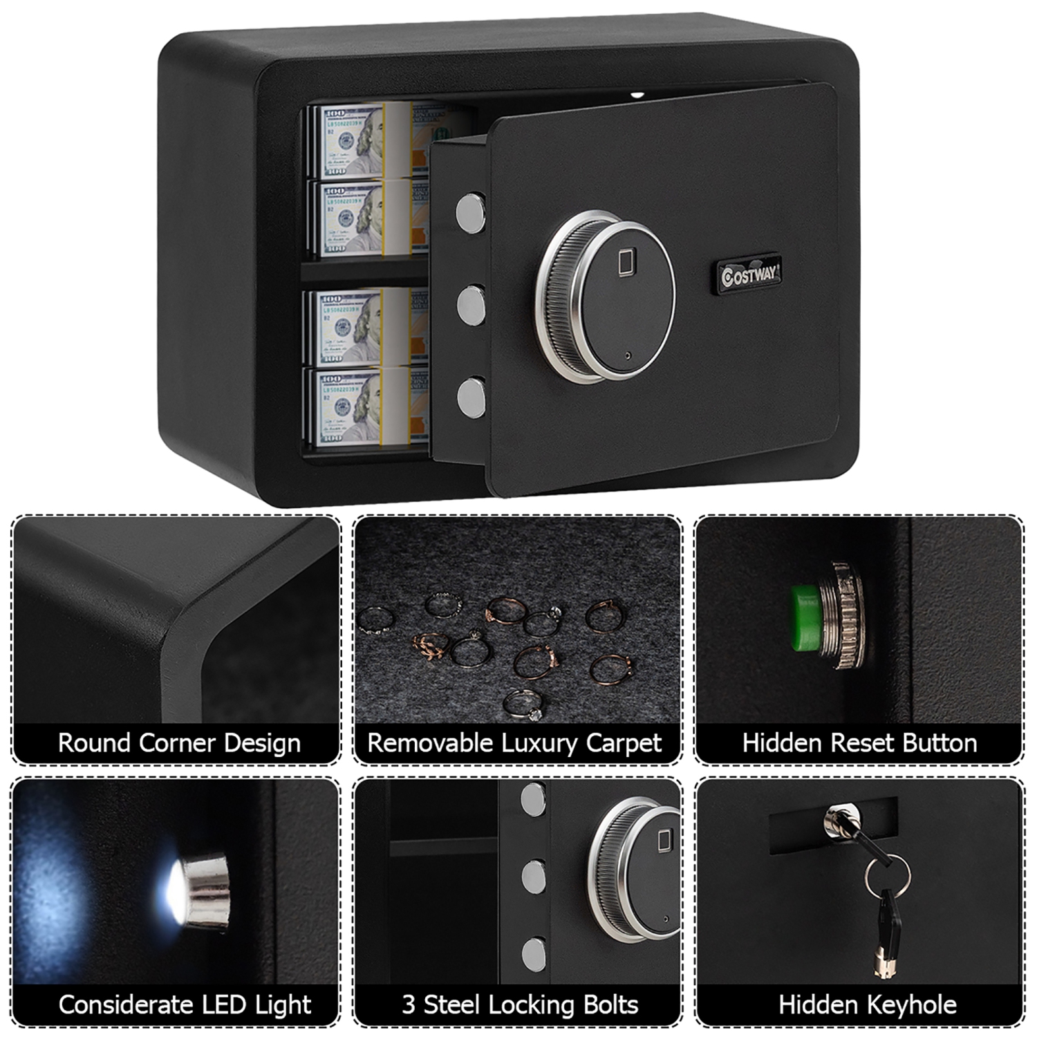 Costway Fingerprint Safe Box Security Box w/Inner LED Light Store Cash Jewelry Guns