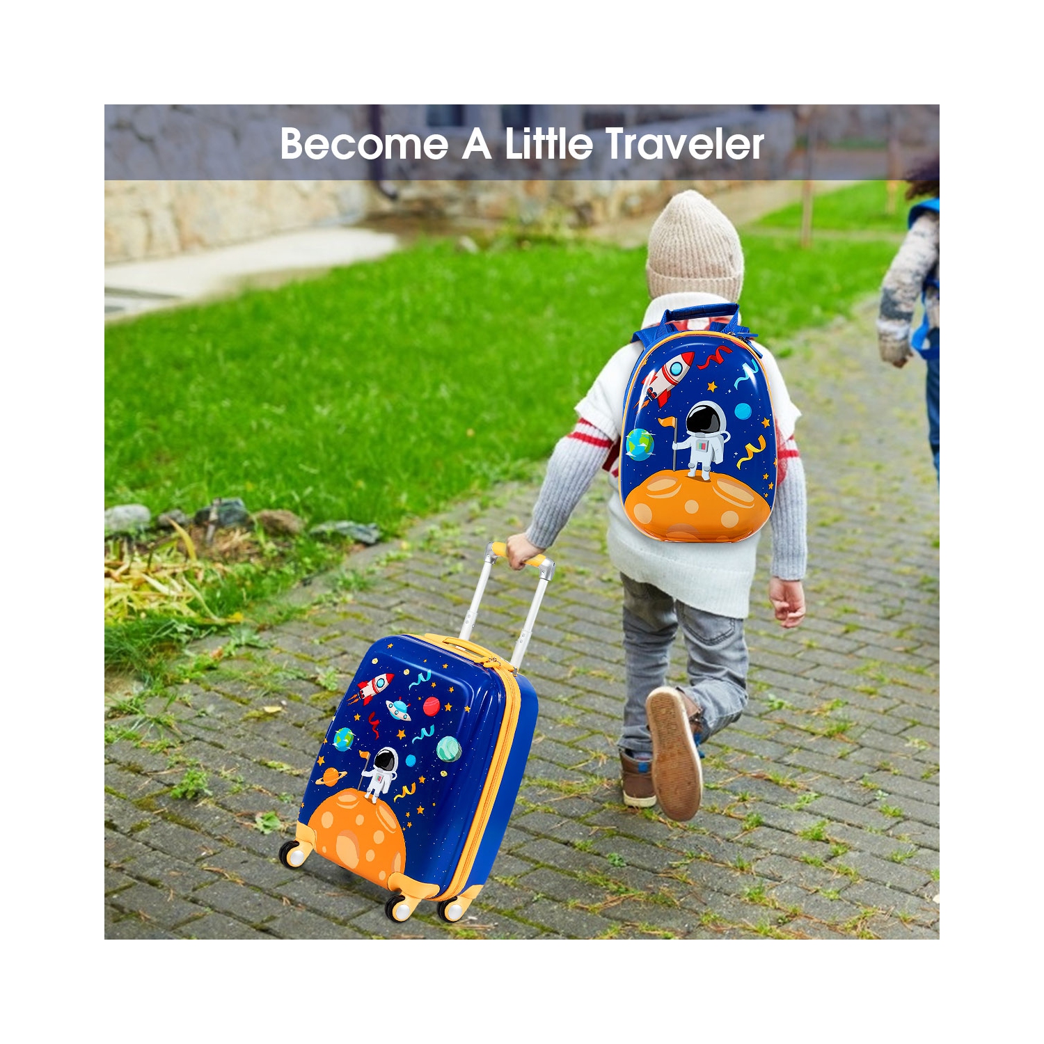 Costway 2PC Kids Luggage Set 18'' Rolling Suitcase & 12'' Backpack Travel ABS Spaceman