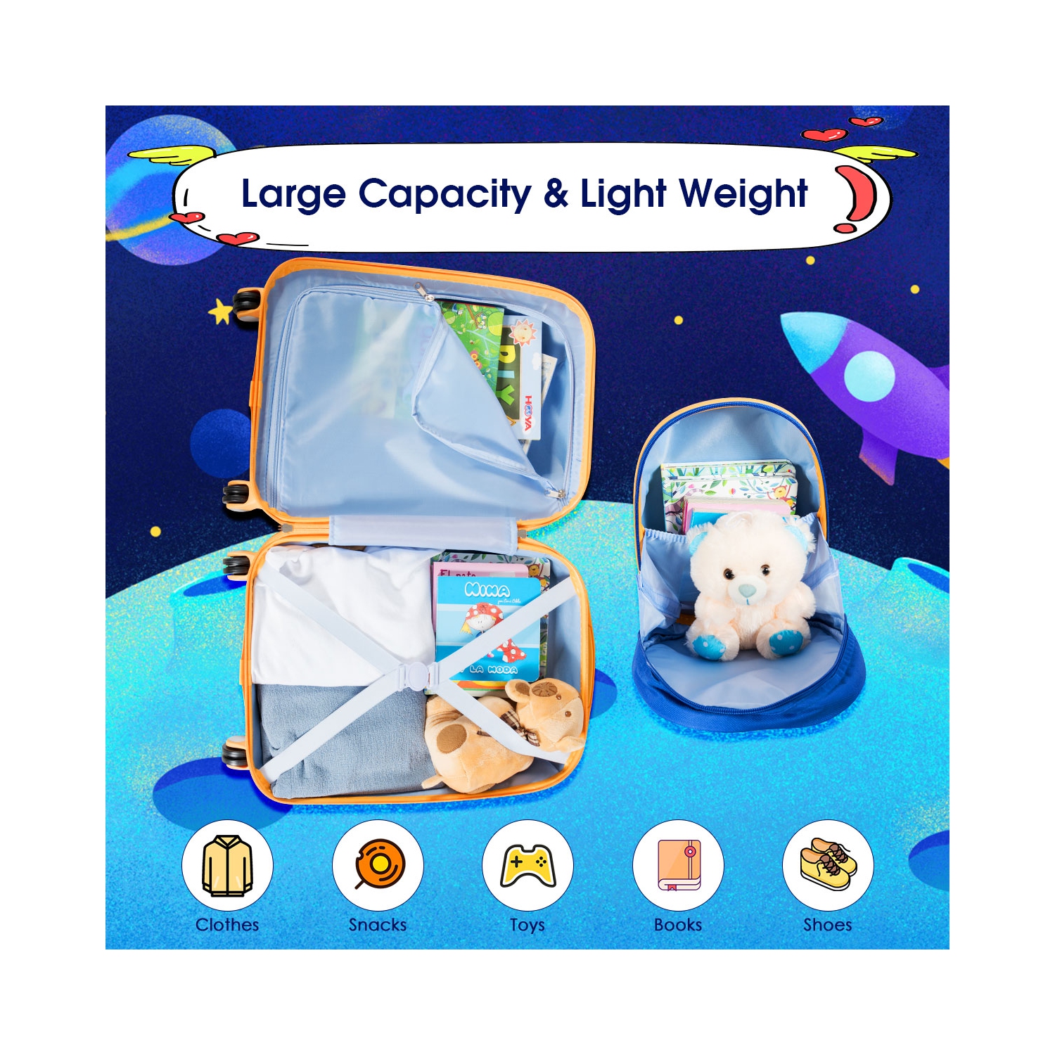 Costway 2PC Kids Luggage Set 18'' Rolling Suitcase & 12'' Backpack Travel ABS Spaceman