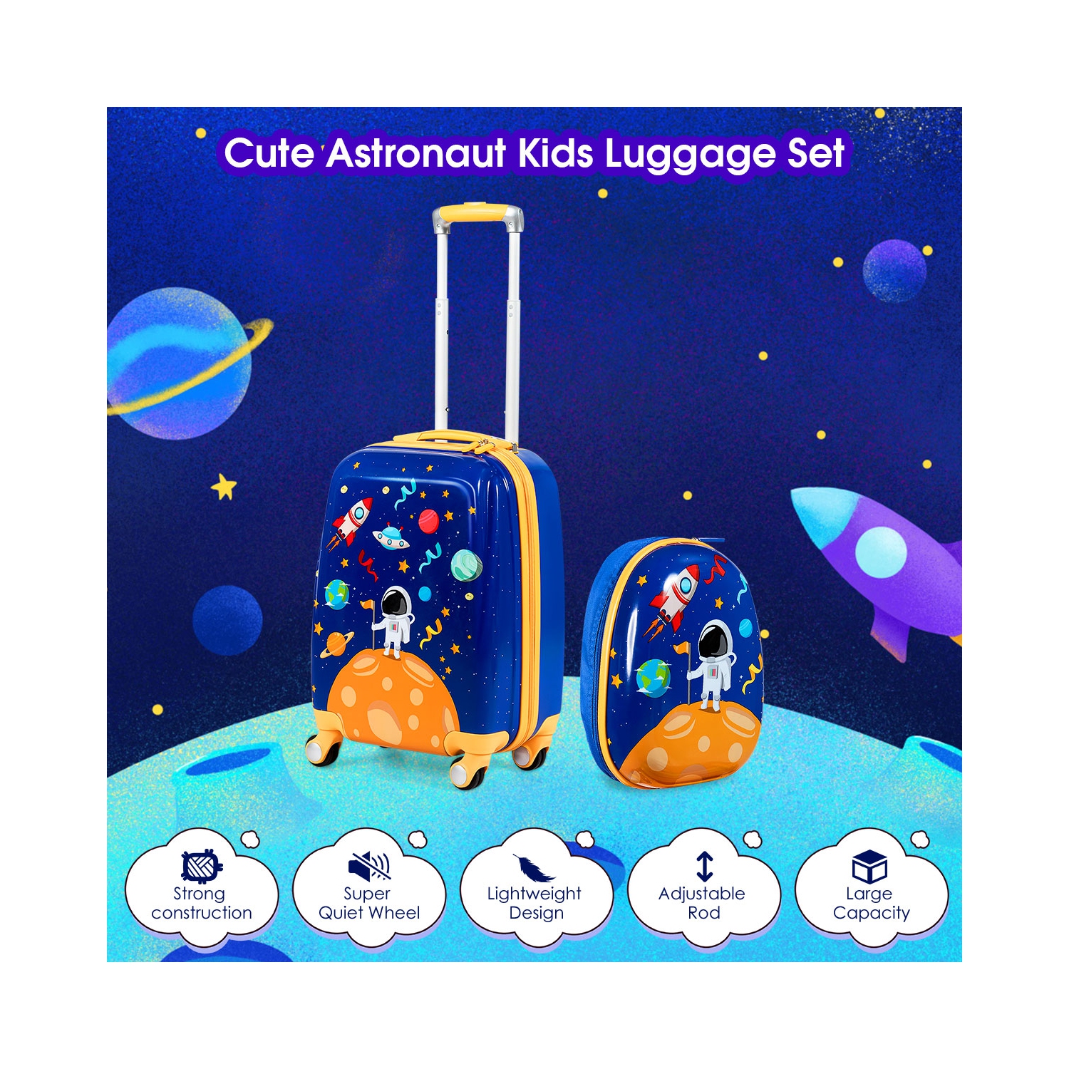 Costway 2PC Kids Luggage Set 18'' Rolling Suitcase & 12'' Backpack Travel ABS Spaceman