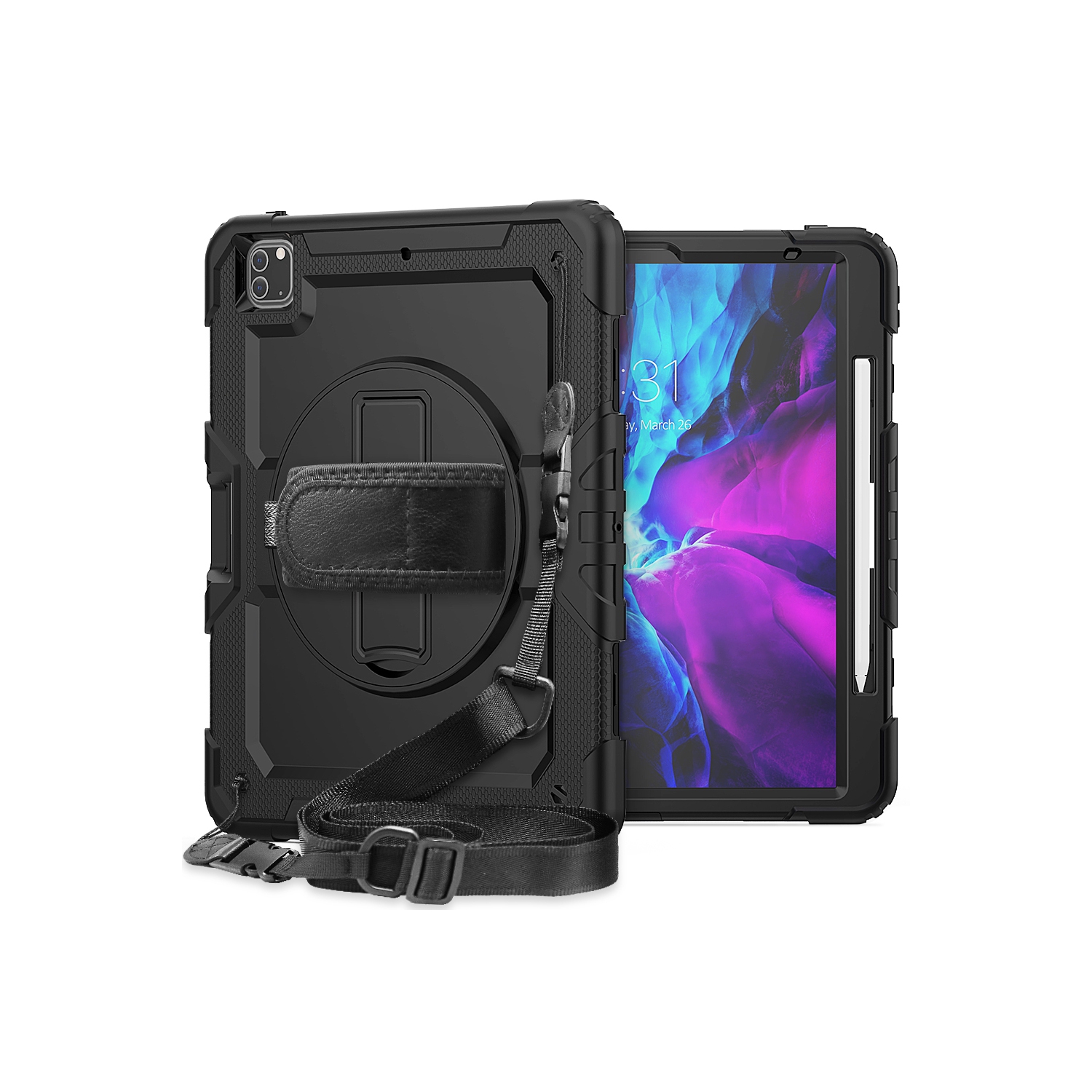 Handle/Strap for iPad 12.9 Inch 2021 Rotating Stand Black Military Grade Heavy Duty Shockproof Rugged Protective Cover with Pencil Hoder iPad Pro 12.9 Case 2021 5th Generation 