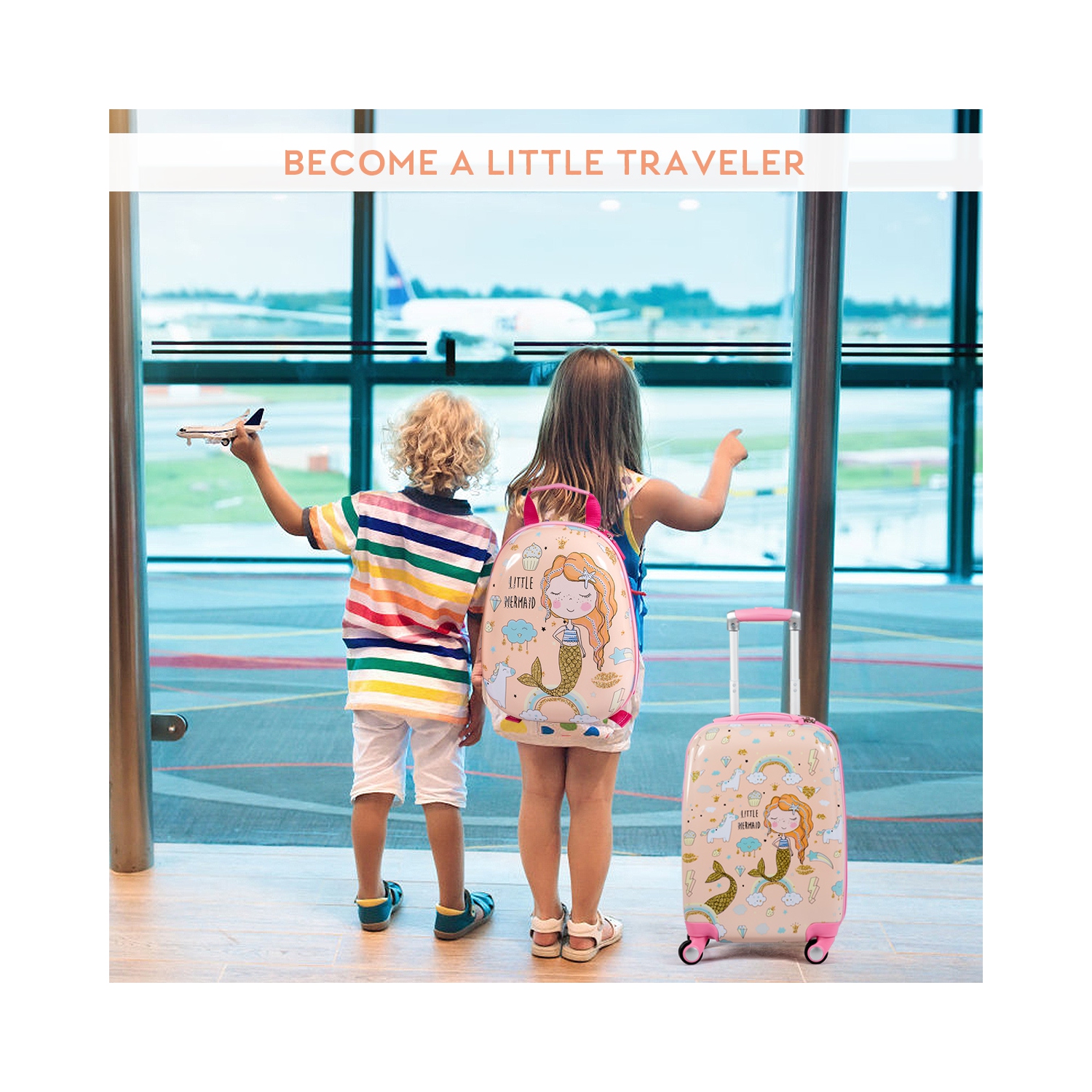Costway 2PC Kids Luggage Set 18'' Rolling Suitcase & 12'' Backpack Travel ABS Mermaid