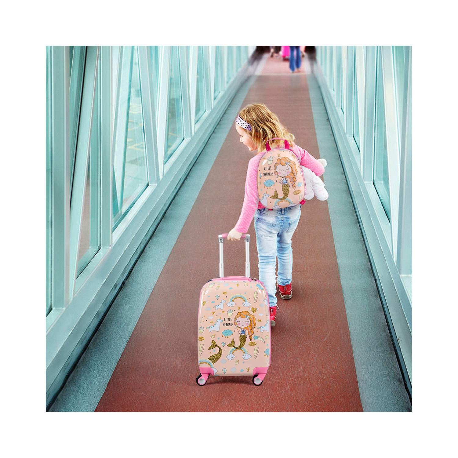 Costway 2PC Kids Luggage Set 18'' Rolling Suitcase & 12'' Backpack Travel ABS Mermaid