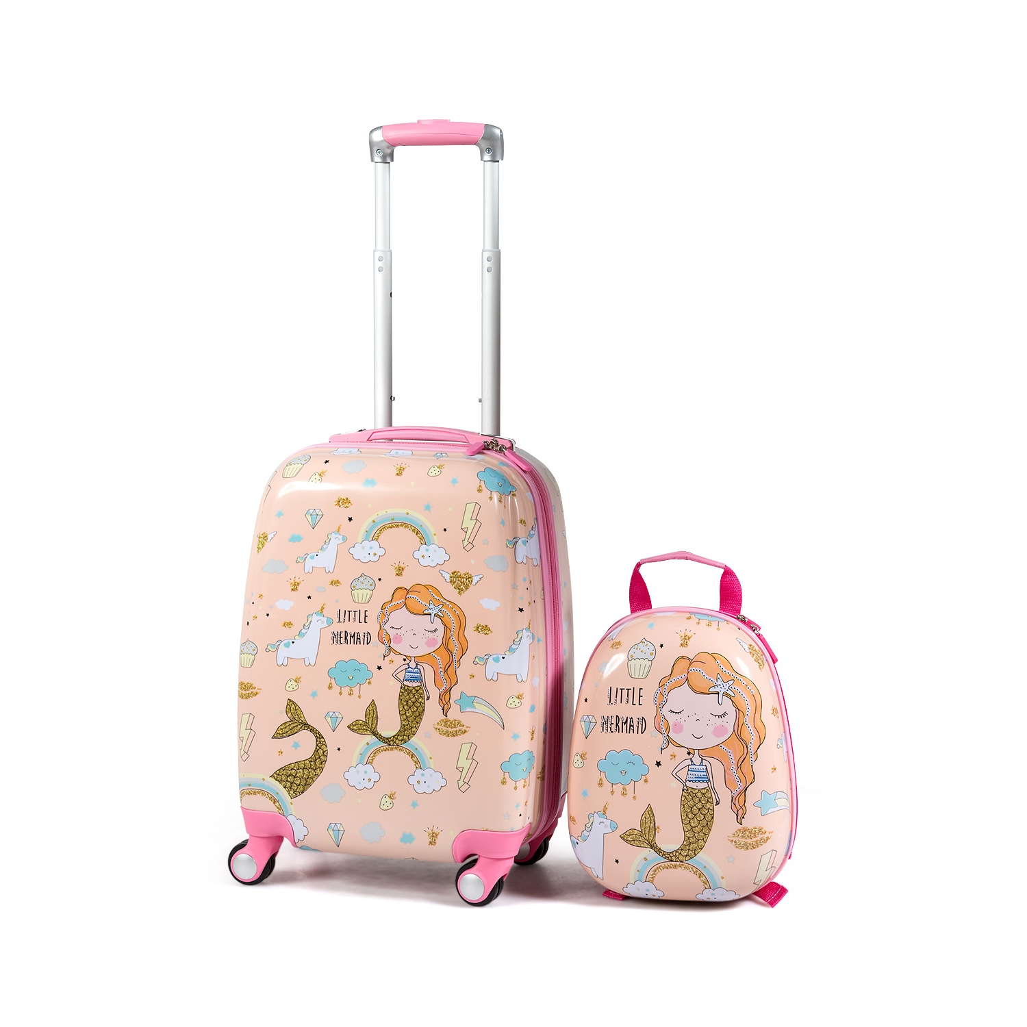 Costway 2PC Kids Luggage Set 18'' Rolling Suitcase & 12'' Backpack Travel ABS Mermaid