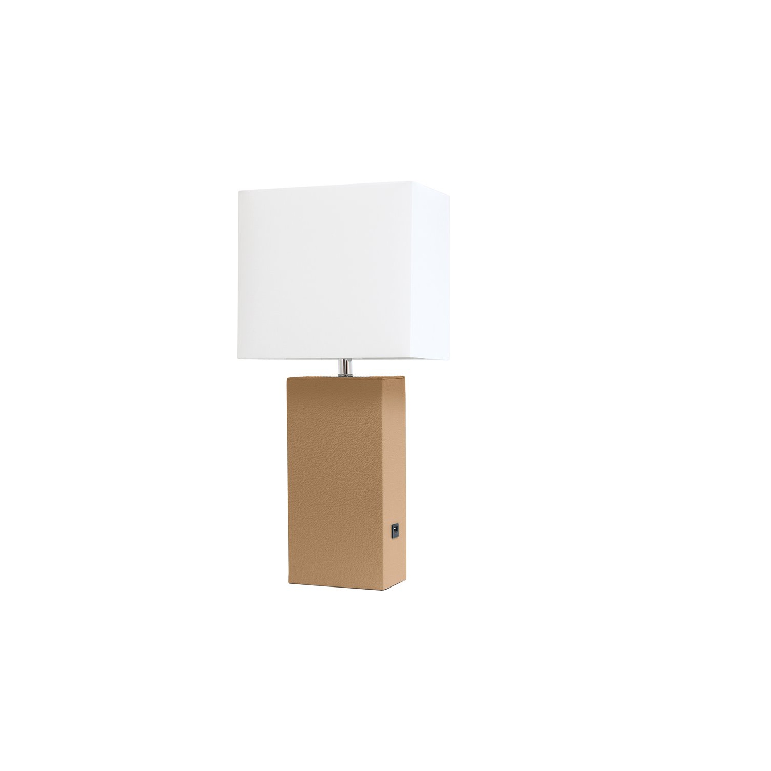 Élégante lampe de table en cuir avec port USB en beige avec abat-jour blanc