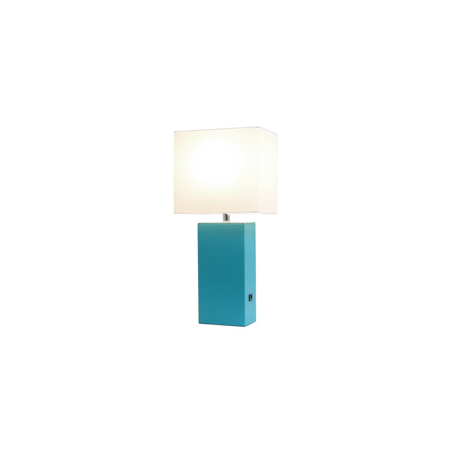 Élégante lampe de table en cuir avec port USB, vert sarcelle, abat-jour blanc