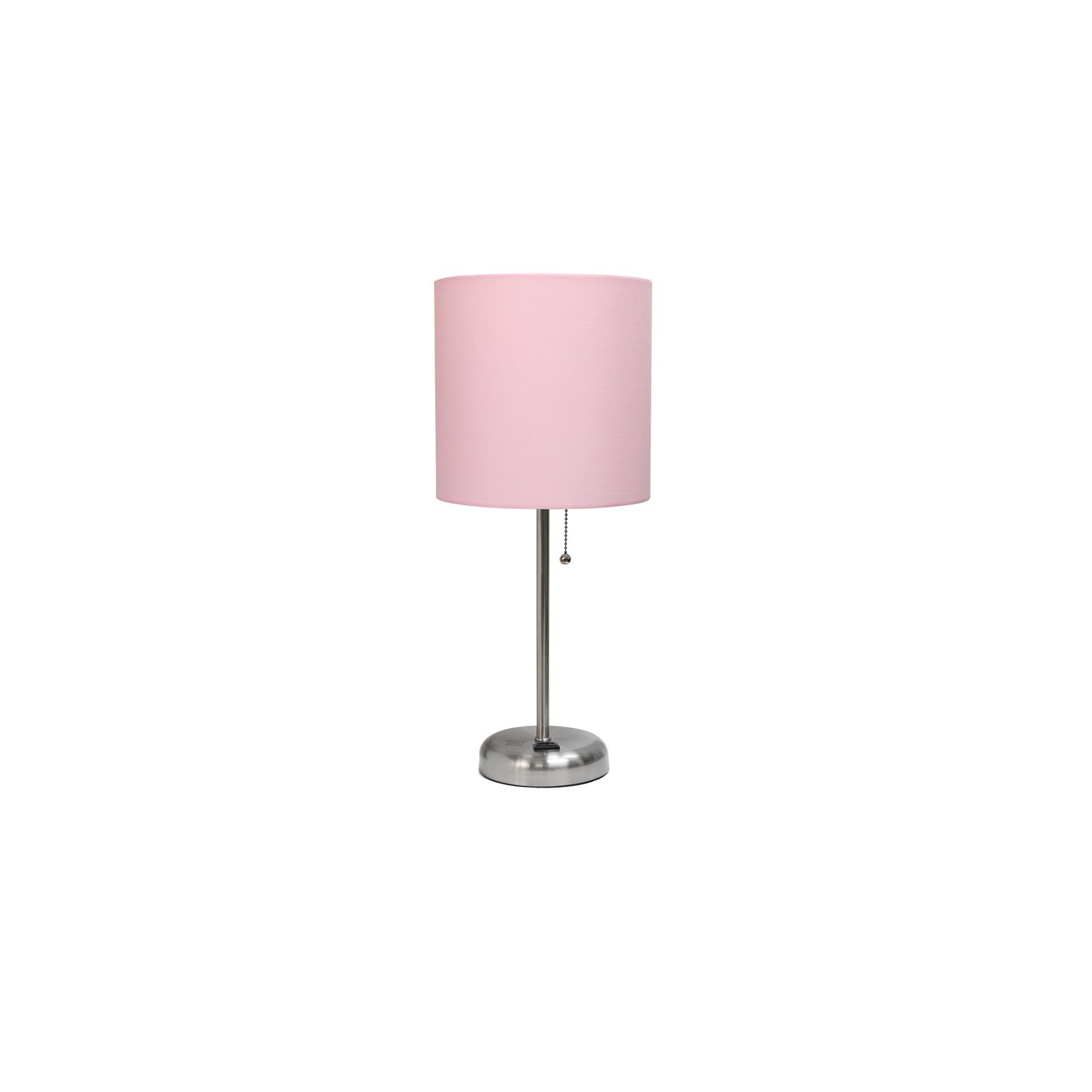 LimeLights Silver Metal Stick Lamp w/ Power Outlet with Light Pink Shade