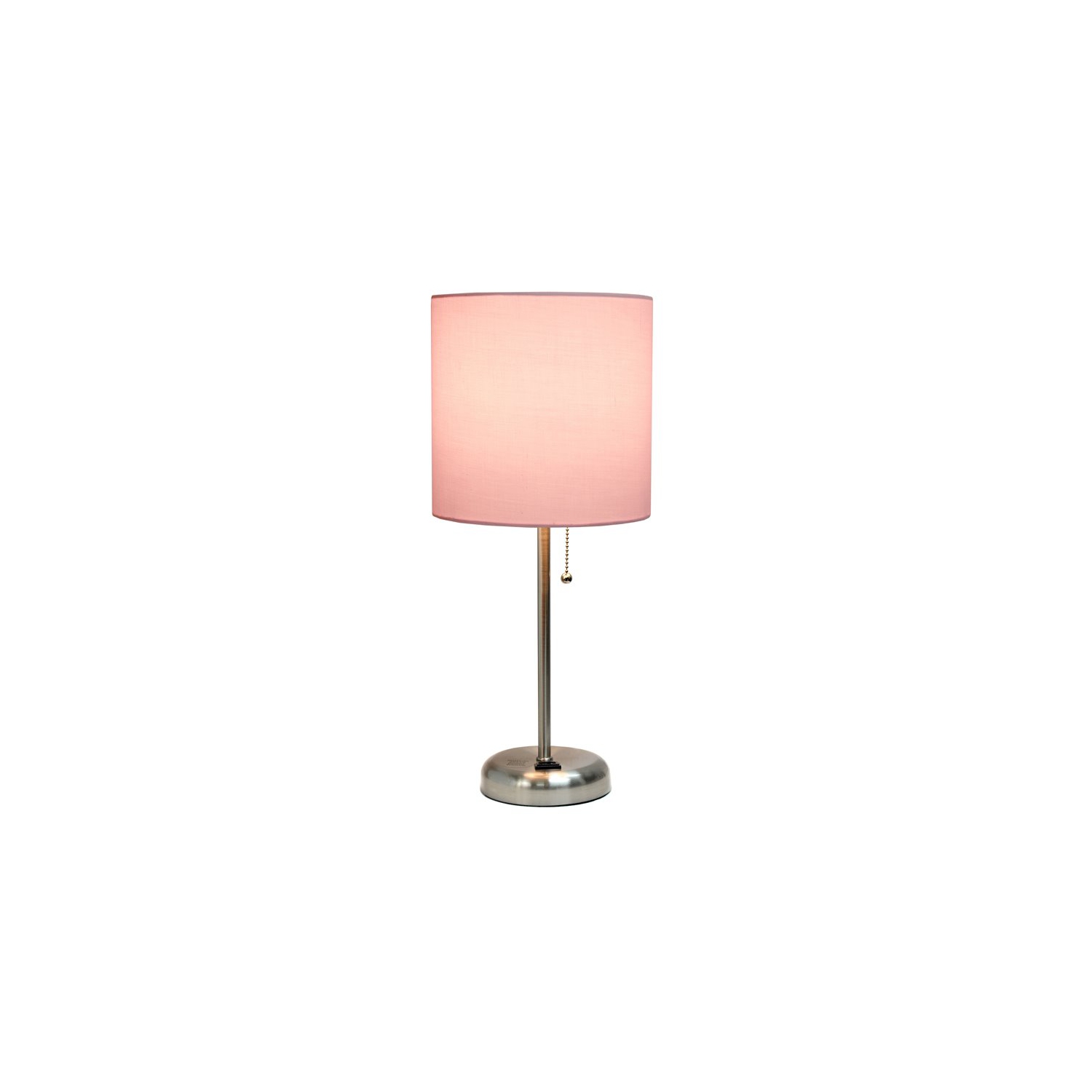 LimeLights Silver Metal Stick Lamp w/ Power Outlet with Light Pink Shade