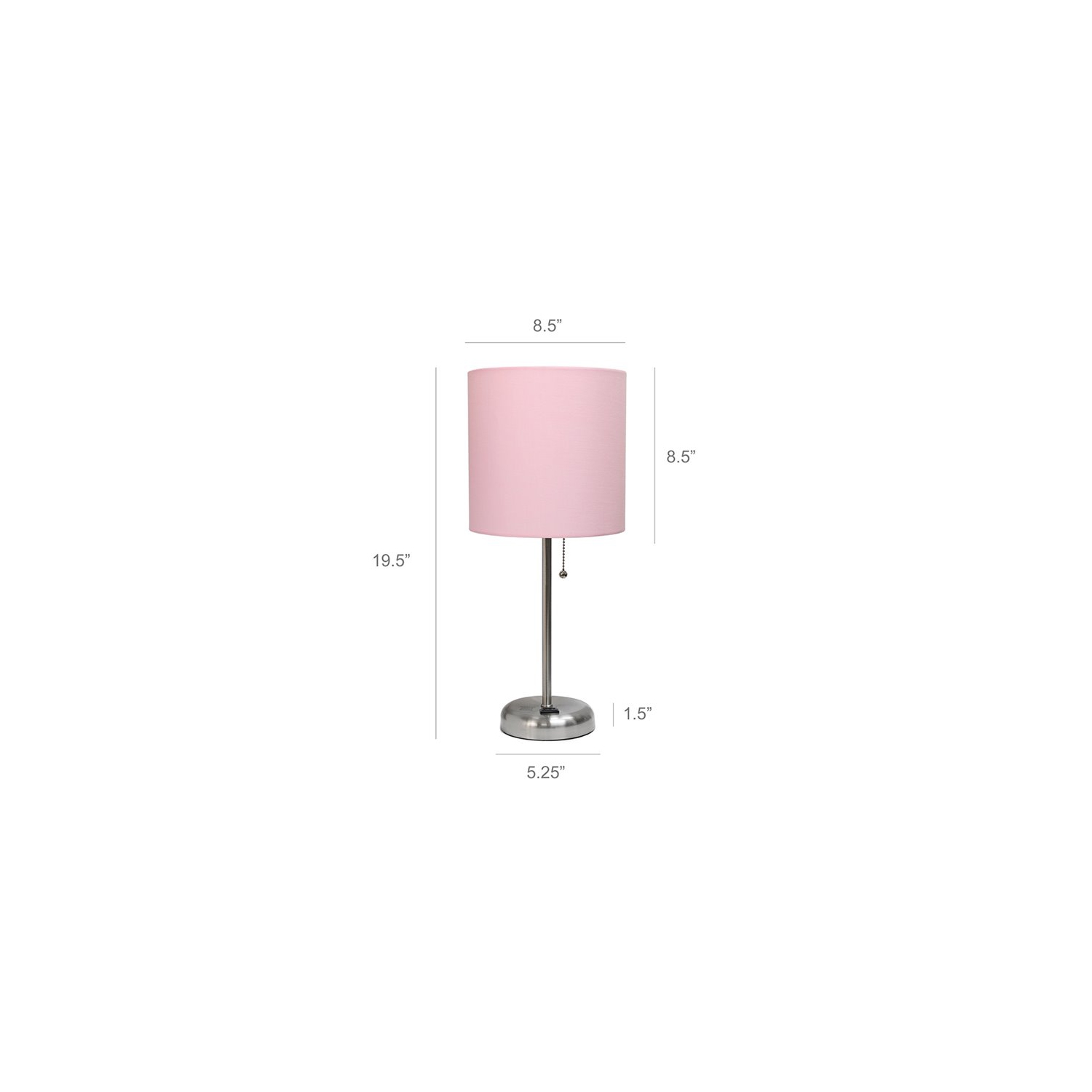 LimeLights Silver Metal Stick Lamp w/ Power Outlet with Light Pink Shade
