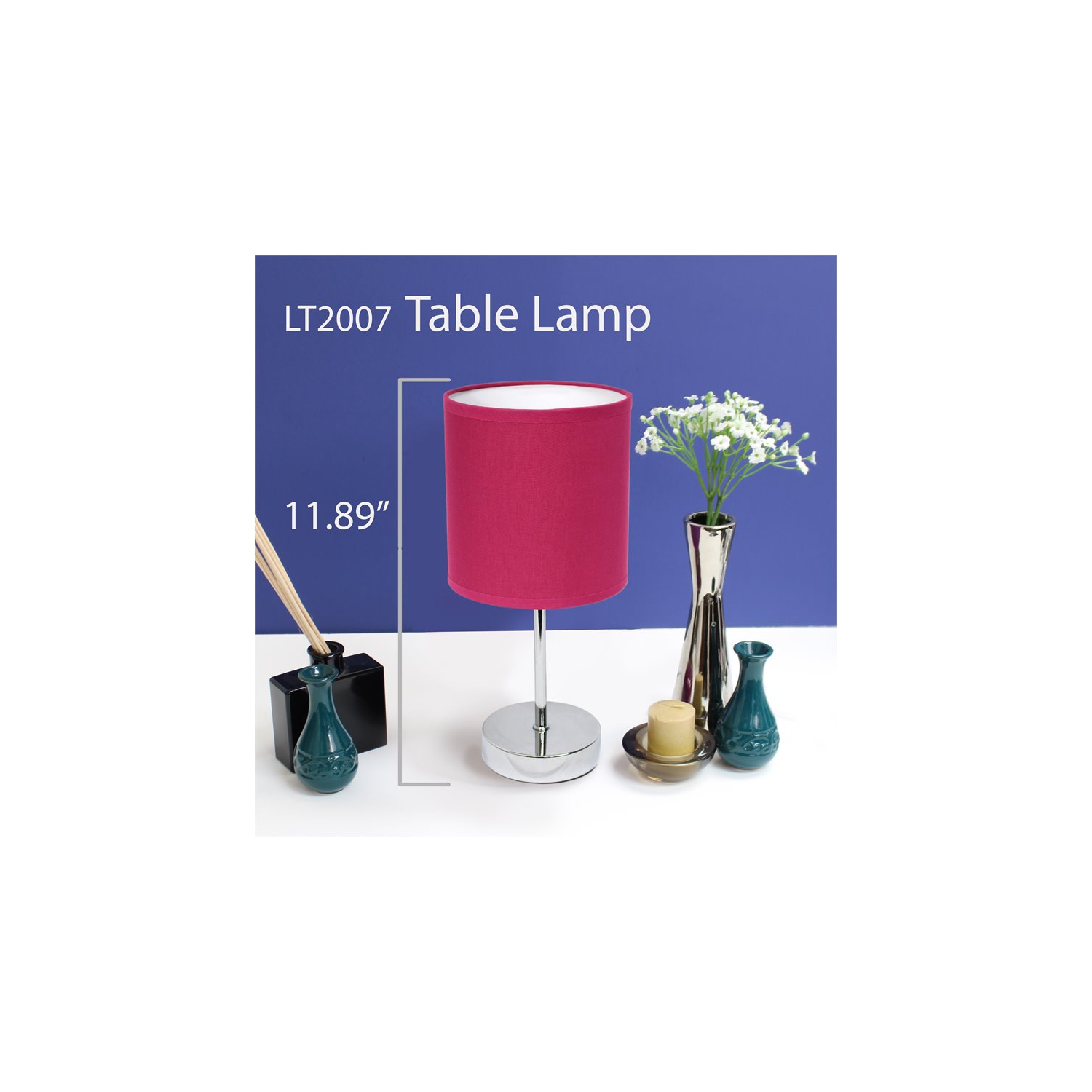 Simple Designs Chrome Metal Basic Table Lamp with Hot Pink Shade