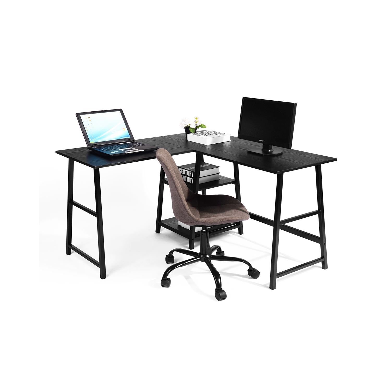 matte black on walnut wood desk organizer set. home office decor