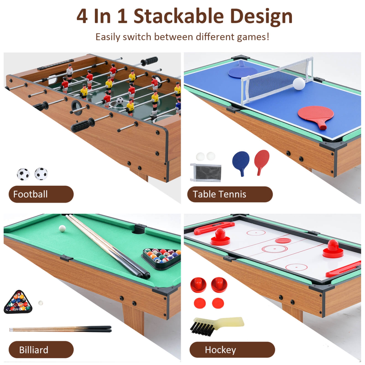 Table multi-jeux 4 en 1 Costway avec HOCKEY, TENNIS DE TABLE, BABY FOOT, TABLE DE BILLARD