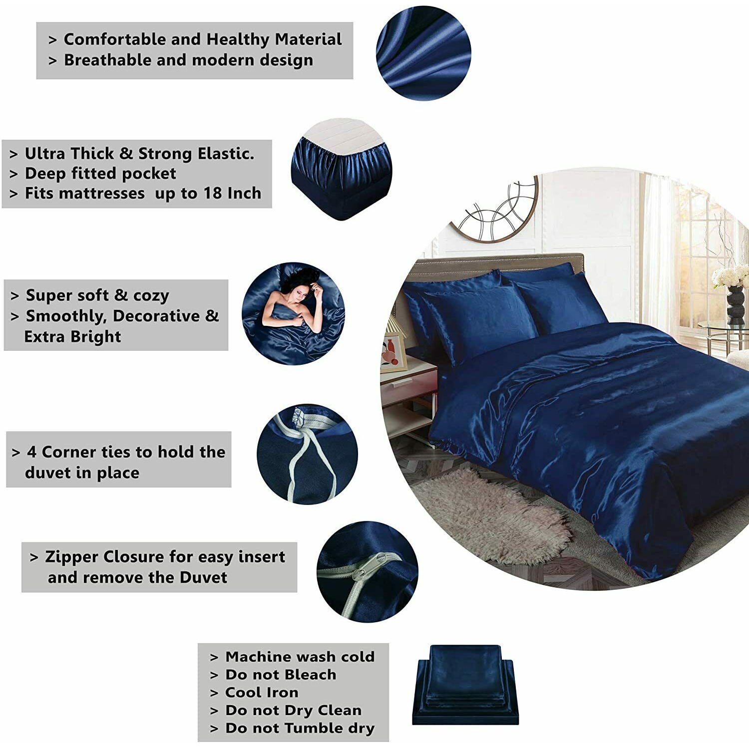 Ahmedani Linens Sexy Satin Sheet 6 Pcs Queen Bedding Set 1 Duvet Cover + 1 Fitted Sheet + 4 Pillow Cases Navy Queen