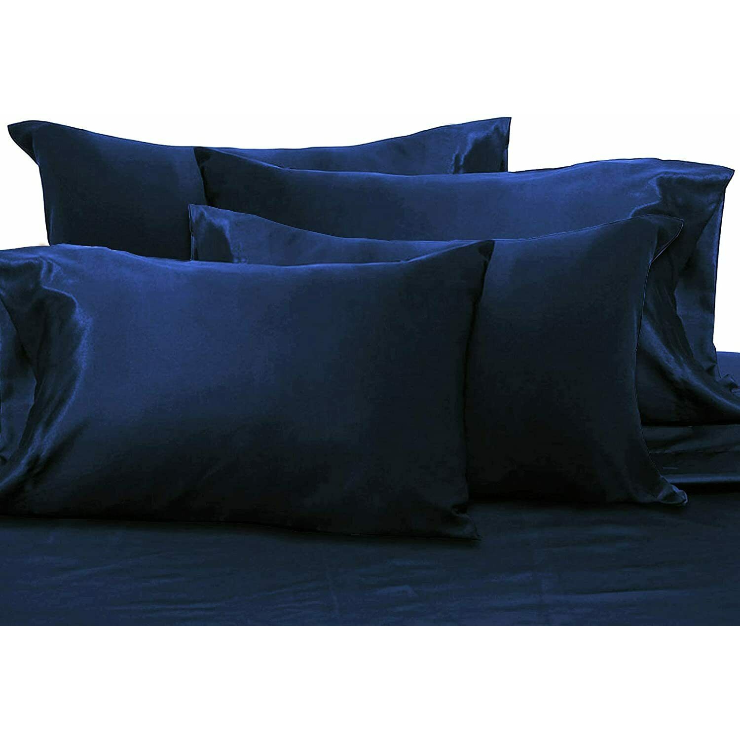 Ahmedani Linens Sexy Satin Sheet 6 Pcs Queen Bedding Set 1 Duvet Cover + 1 Fitted Sheet + 4 Pillow Cases Navy Queen