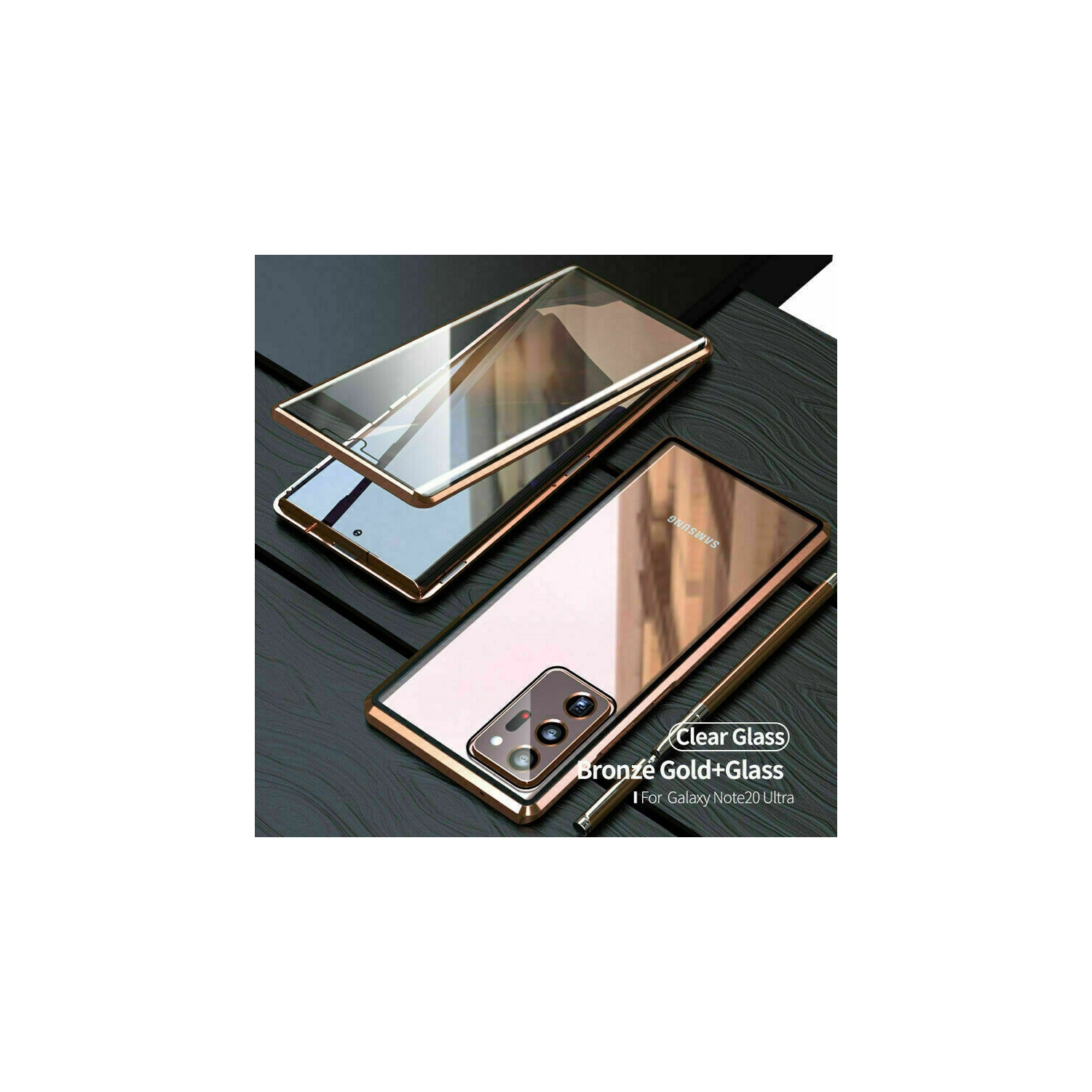 Couvercle magnétique en métal et verre trempé transparent à 360° à l’avant et à l’arrière pour NOTE 20 ULTRA DE SAMSUNG